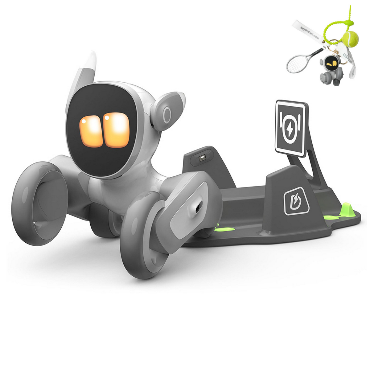 Ein grauer Roboter mit leuchtenden Augen auf einer Ladestation, Zubehör oben.