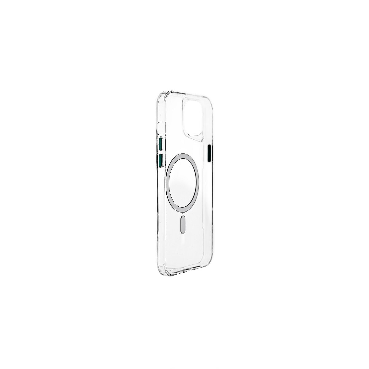 Transparente Handyhülle mit MagSafe-Ring, auf weißem Hintergrund.