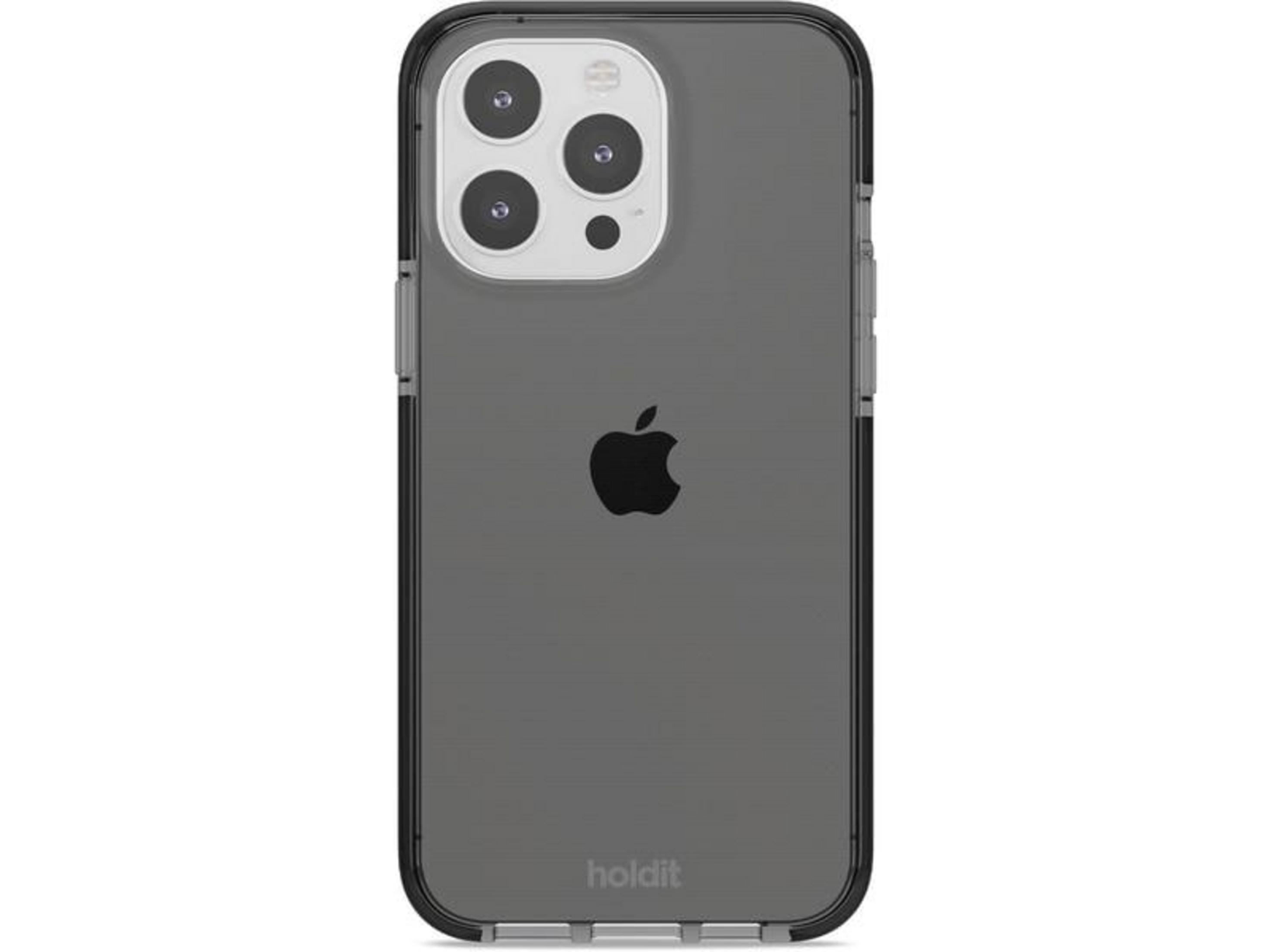 Transparente Hülle mit Apple-Logo und Kameramodul auf weißem Hintergrund.