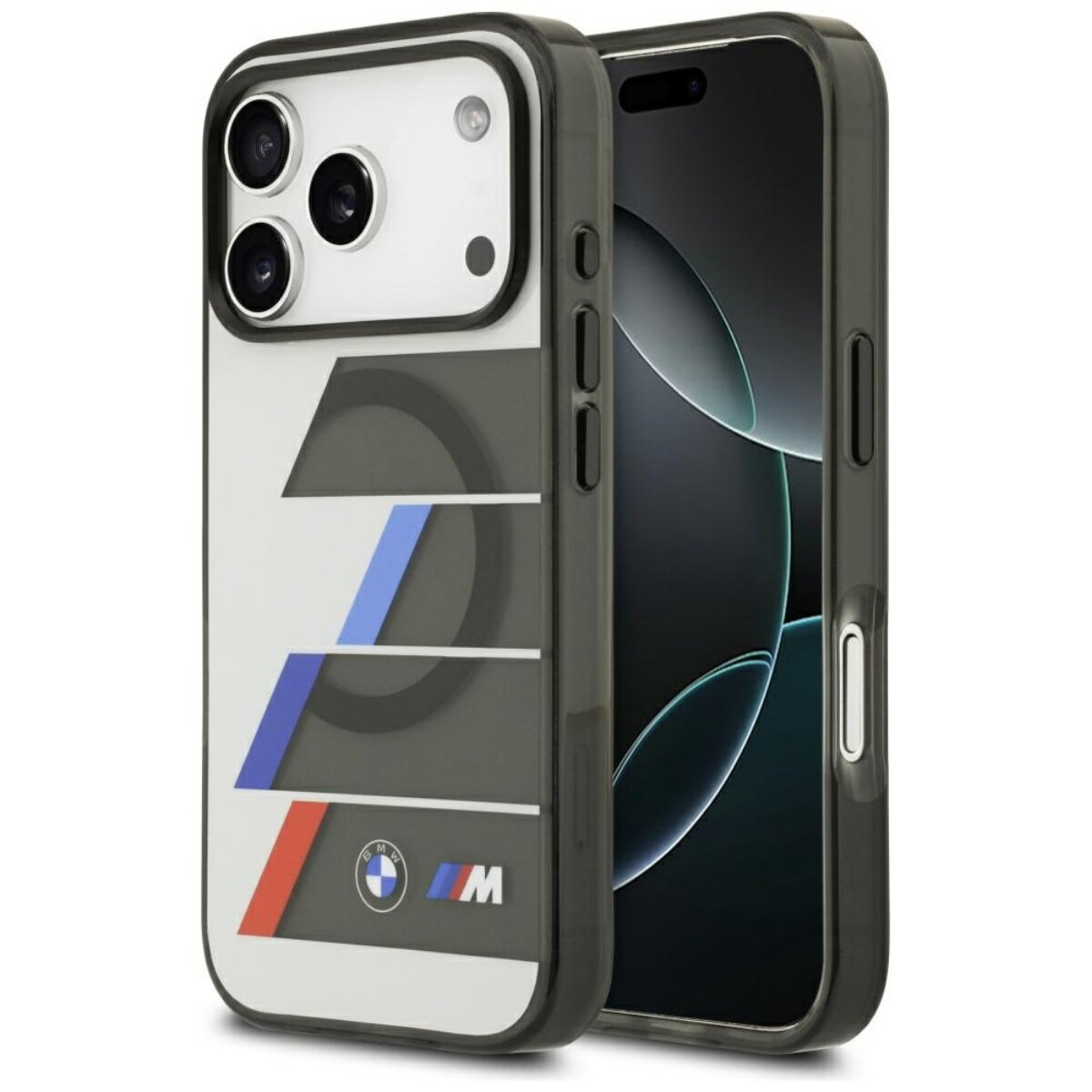 Eine Handyhülle mit BMW M Streifen und Logo wird auf einem Handy gezeigt.