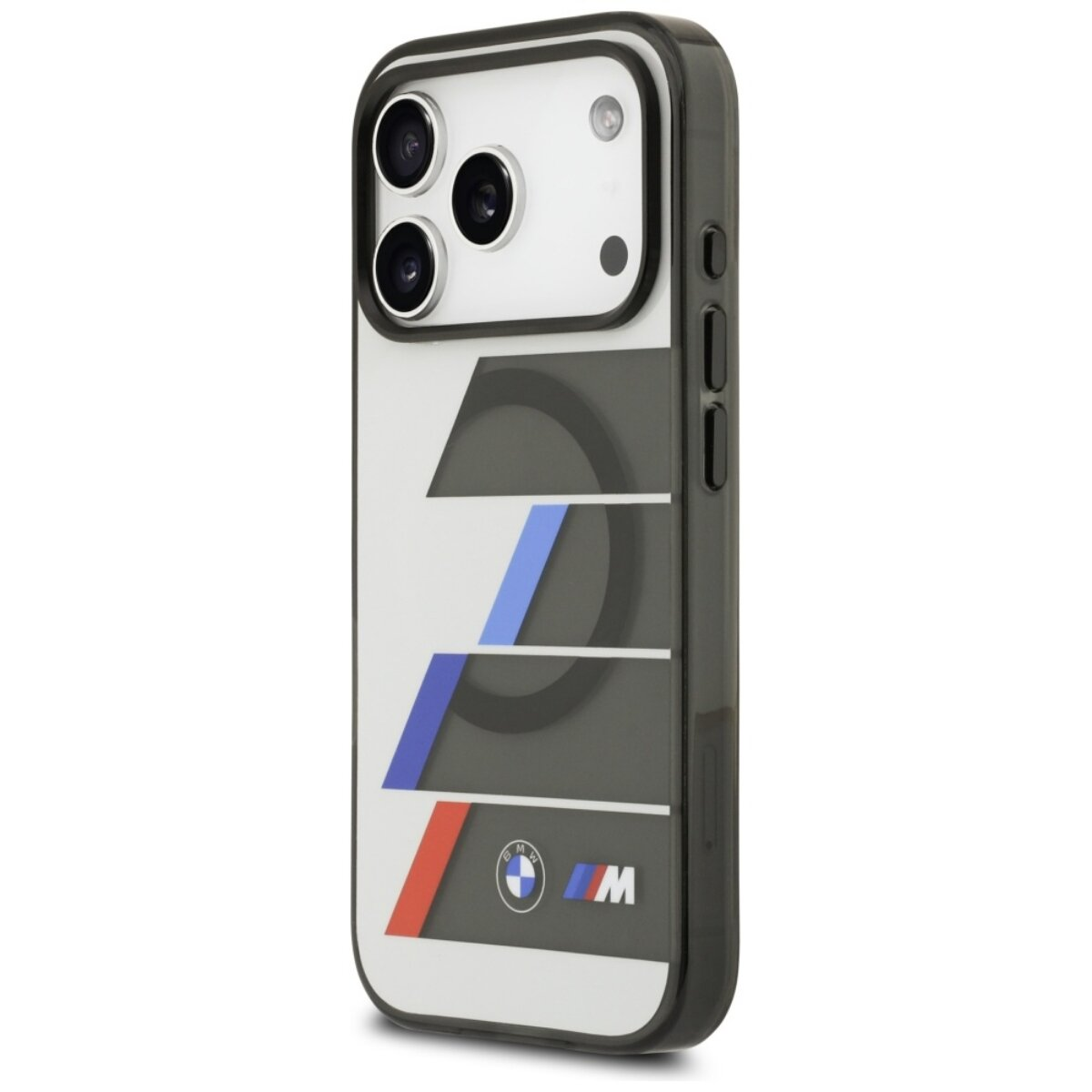 iPhone-Hülle mit BMW M-Logo und Streifen auf weißem Hintergrund.
