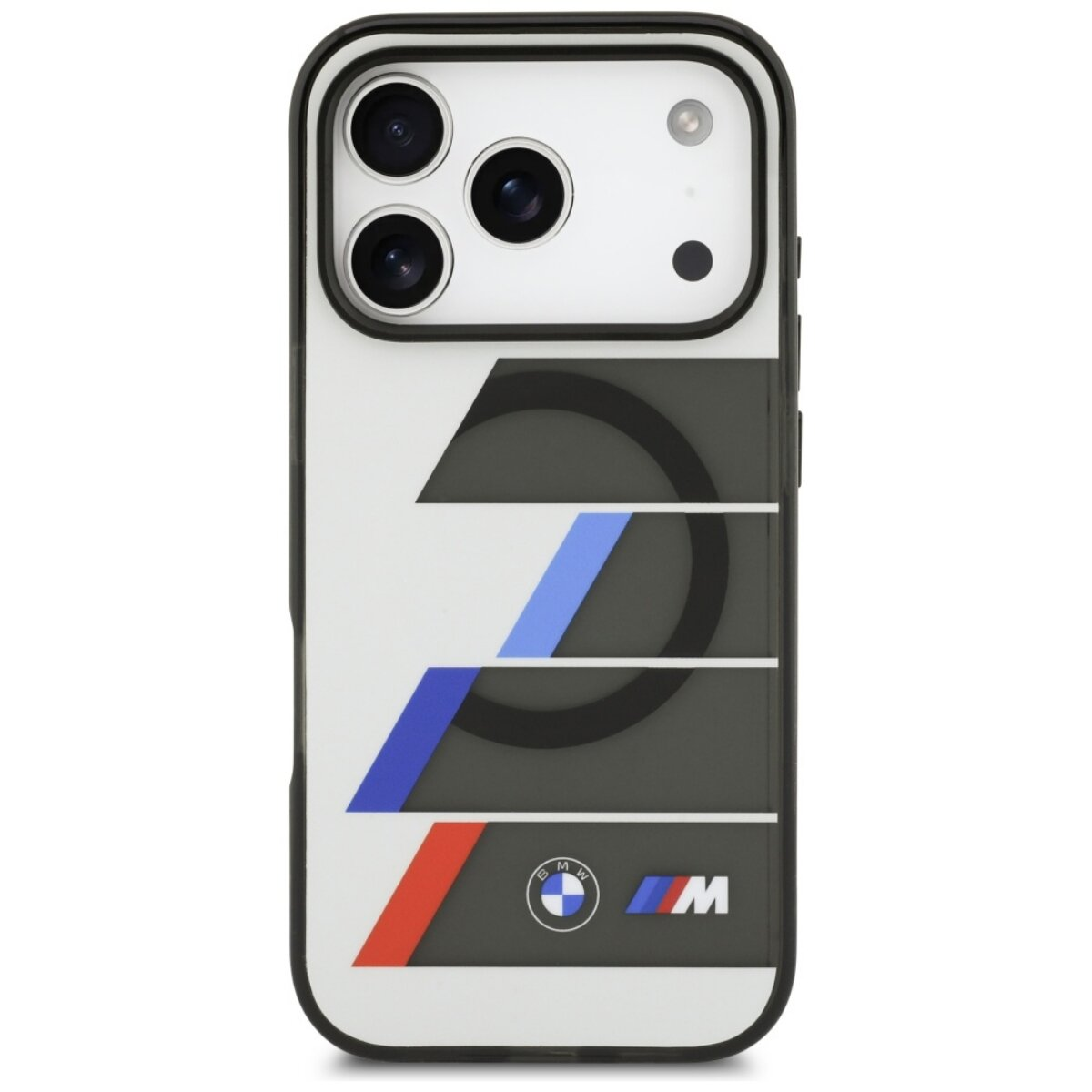 iPhone-Hülle mit BMW M-Streifen und Logo auf weißem Hintergrund.