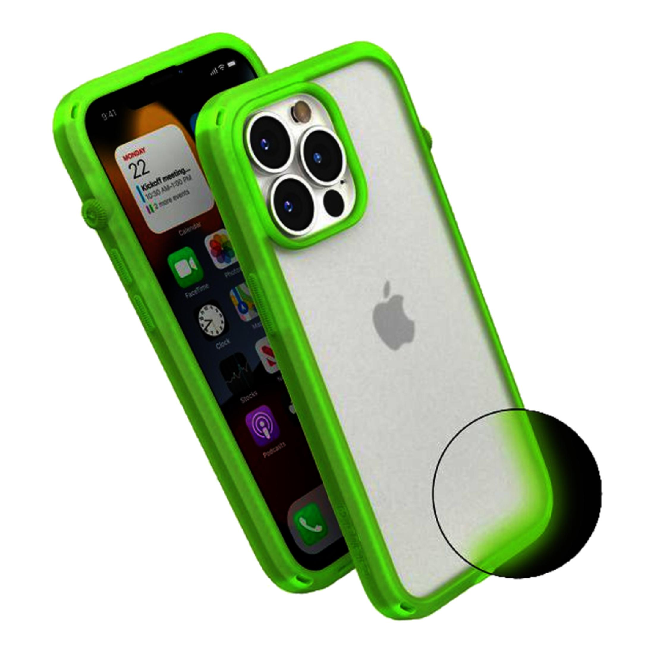 Ein leuchtgrünes iPhone-Gehäuse mit transparenter Rückseite.