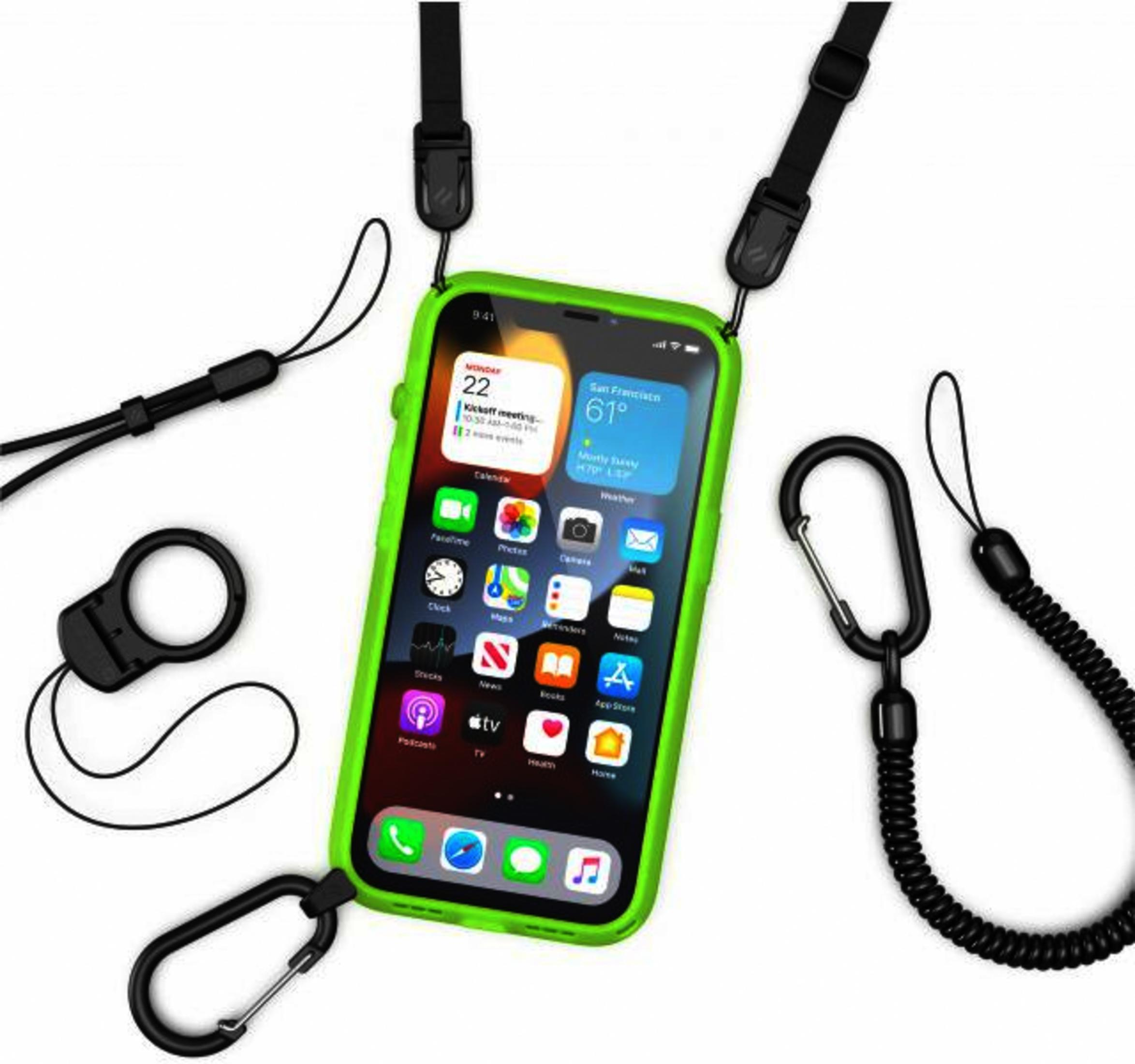 Ein grünes iPhone mit Tragegurten und Karabinerhaken auf weißem Hintergrund.