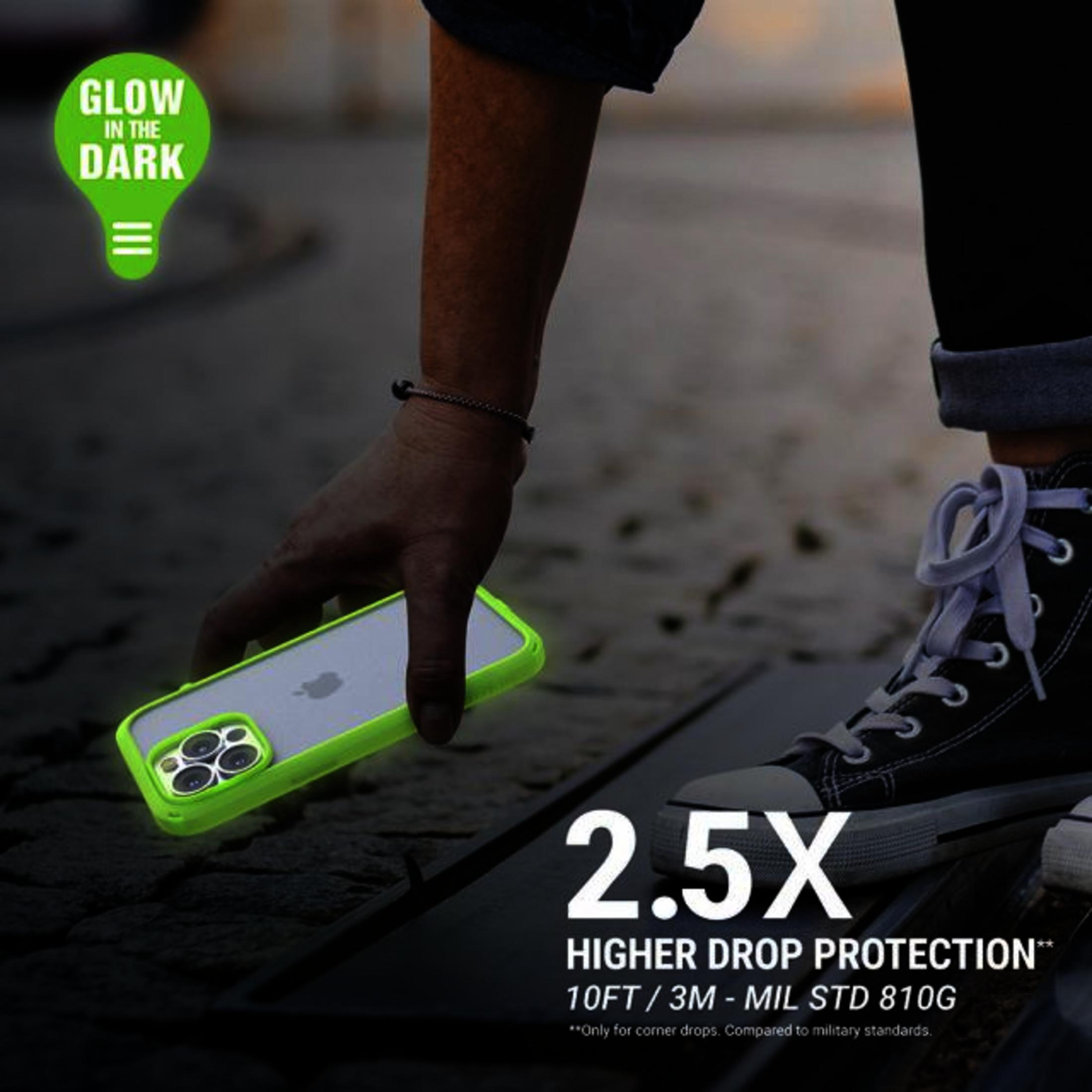 Hand hält ein leuchtendes Handycase. Text: Glow in the Dark, 2.5x Drop Protection.