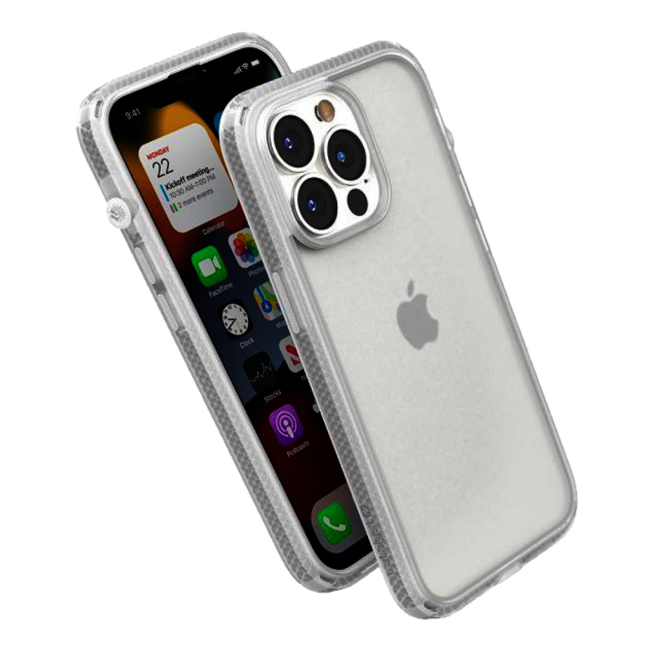 Zwei transparente Handyhüllen mit einem iPhone. Die eine zeigt Apps und Kalender.