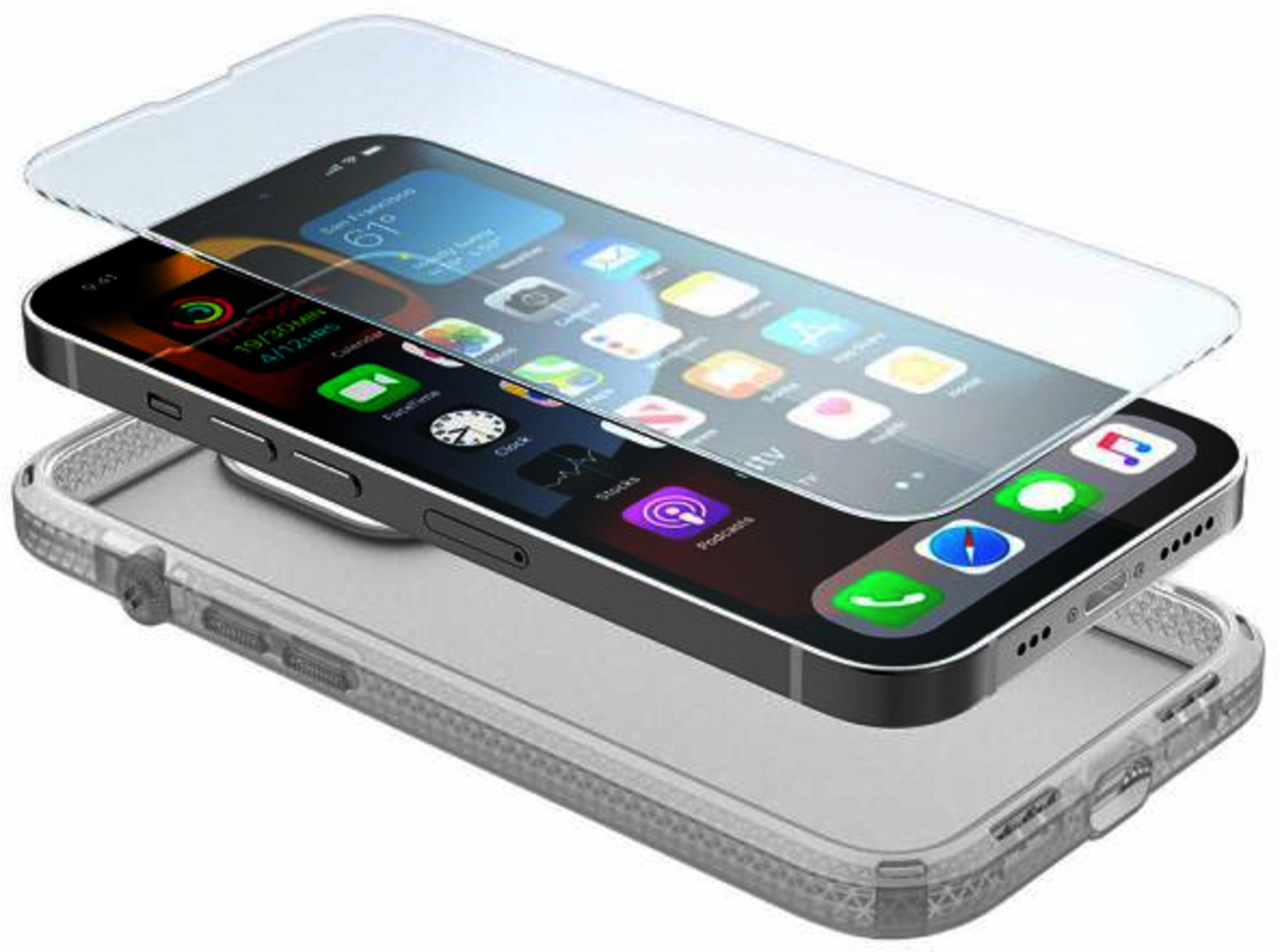 Ein Smartphone mit angelegtem Schutzglas und durchsichtiger Hülle.