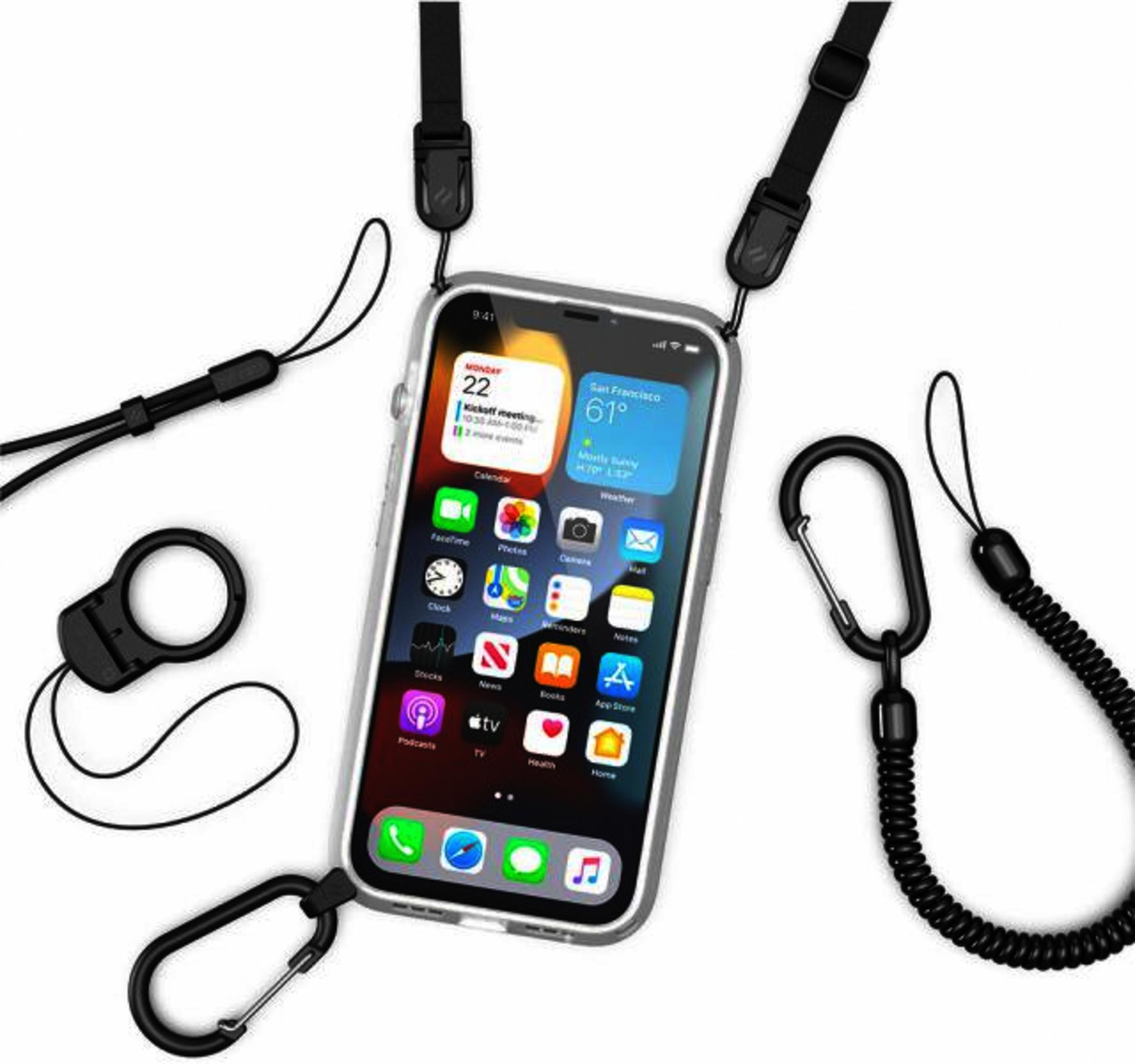 Ein Smartphone mit verschiedenen Apps und Zubehör, darunter Lanyards und Karabiner.