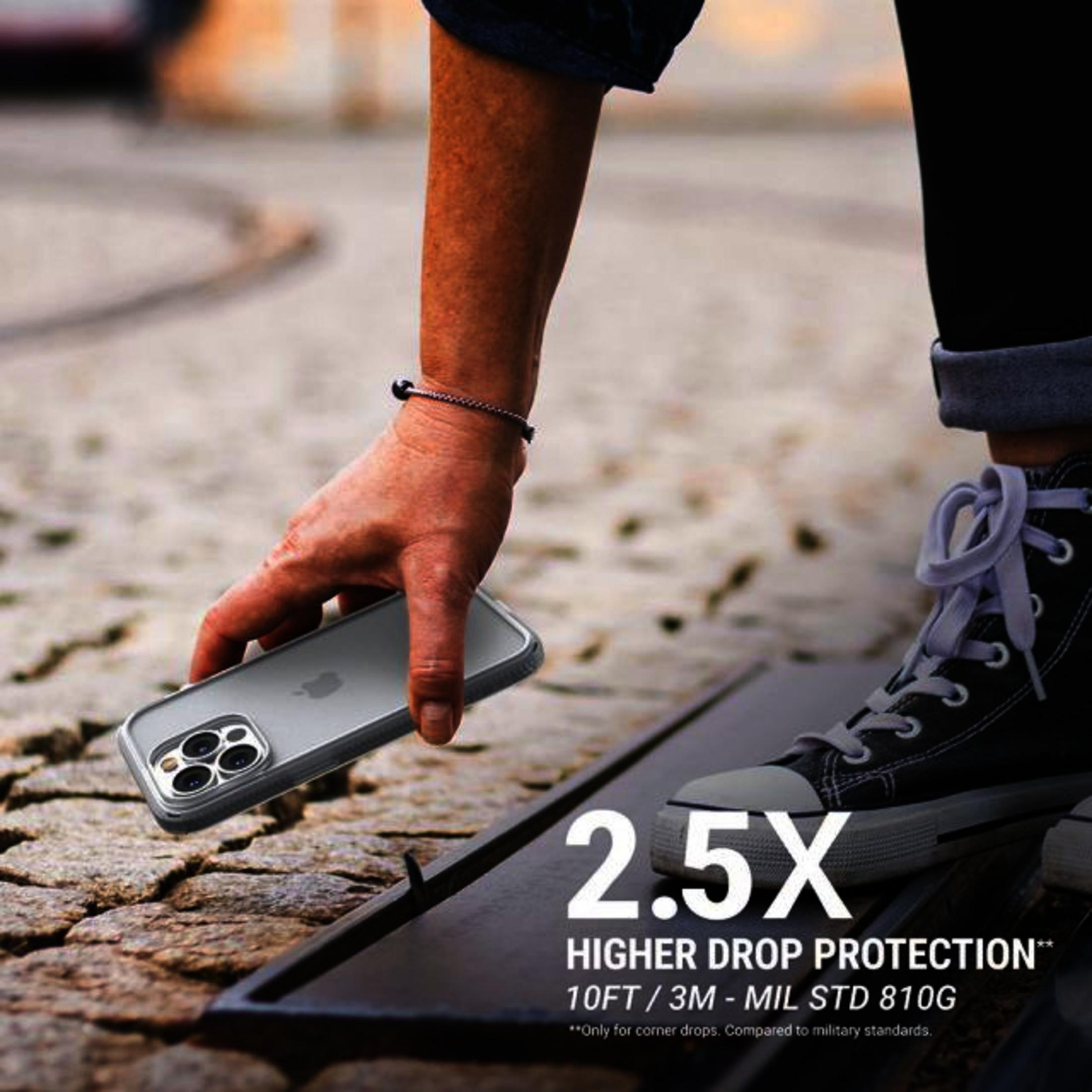Hand hält ein transparentes iPhone-Case mit Kameraschutz auf steinigem Untergrund.