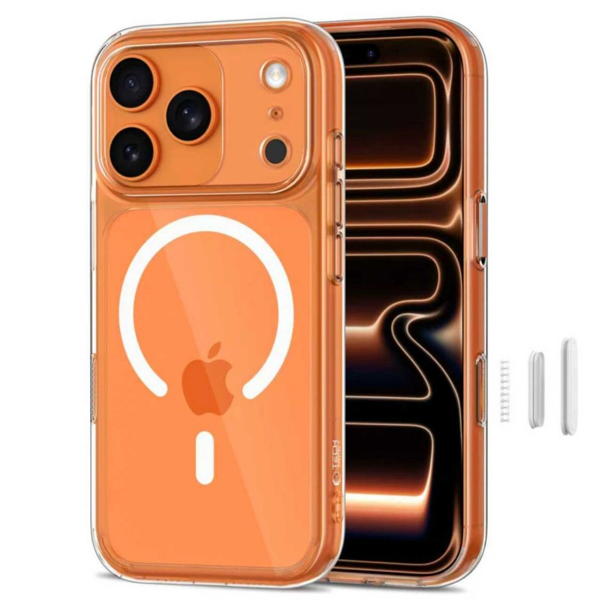 Orange iPhone-Hülle mit MagSafe-Logo und drei Kameras auf weißem Grund.