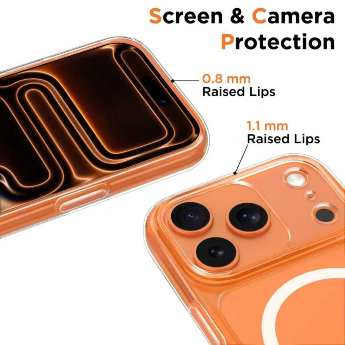 Transparente Hülle mit orangem Telefon zeigt erhabene Lippen für Bildschirm- und Kameraschutz.