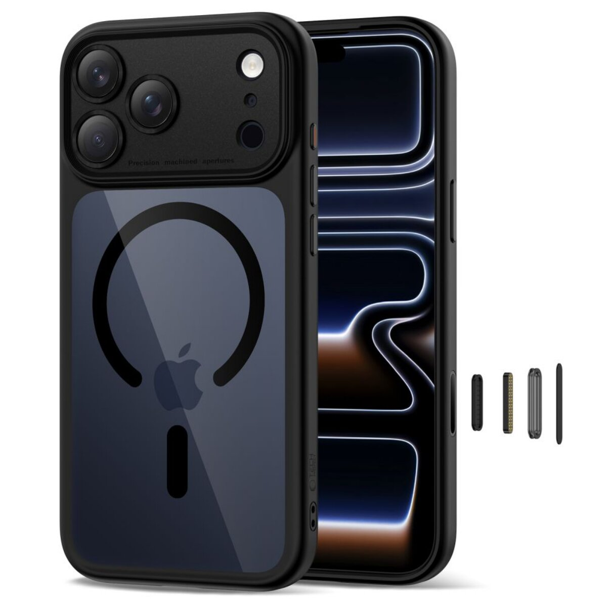 Schwarze Handyhülle mit MagSafe-Logo und iPhone-Display nebeneinander.