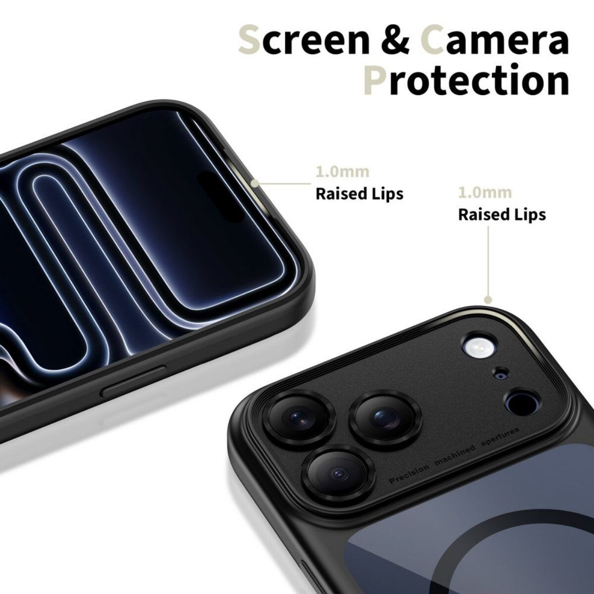 Zwei iPhones mit Hüllen zeigen erhöhte Ränder zum Schutz.