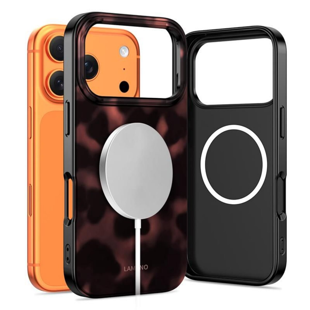 Orangefarbenes Handy mit Schildpatt- und schwarzer Hülle, magnetischem Ladegerät.