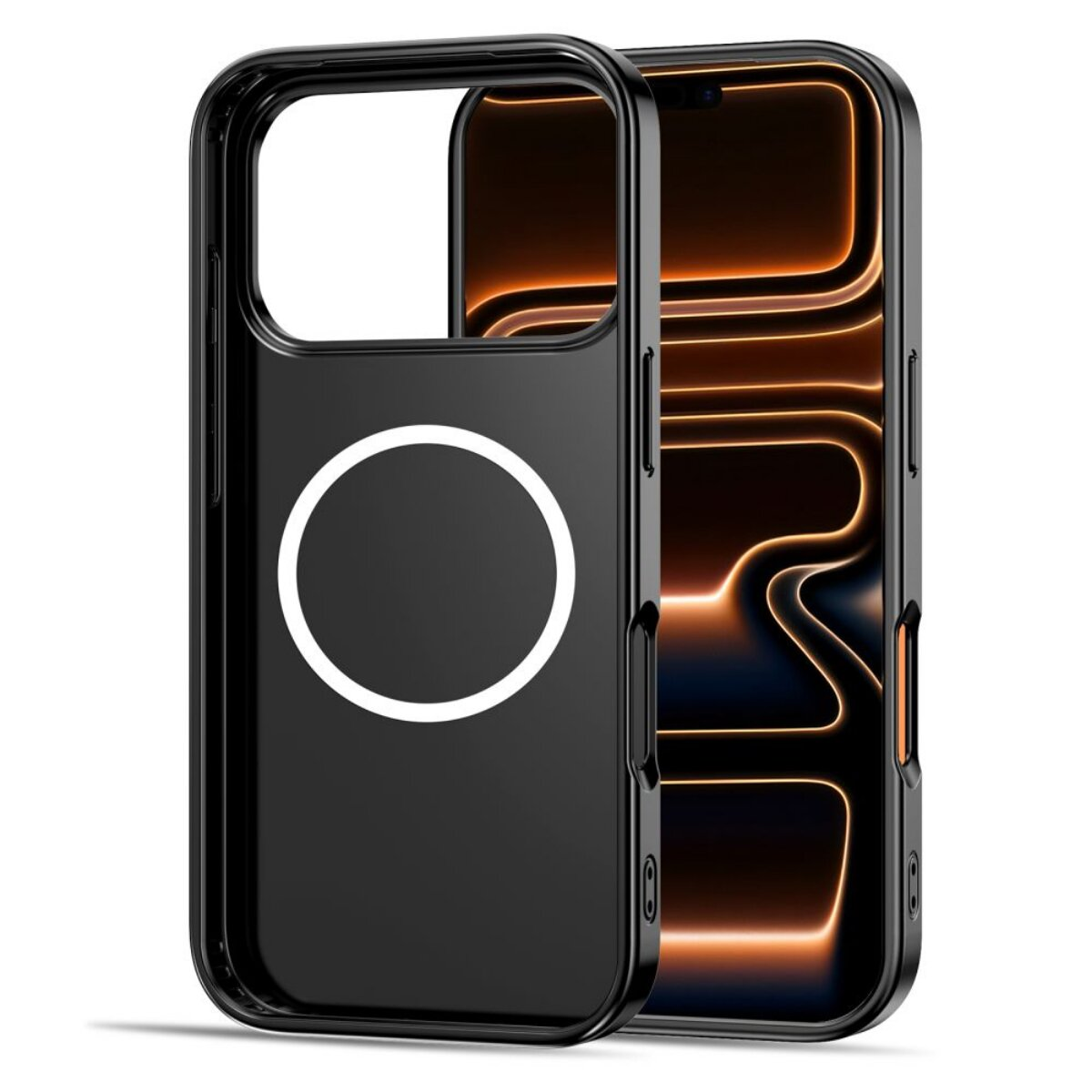 Schwarze Handyhülle mit weißem Kreis und leuchtendem orangefarbenem Hintergrund.