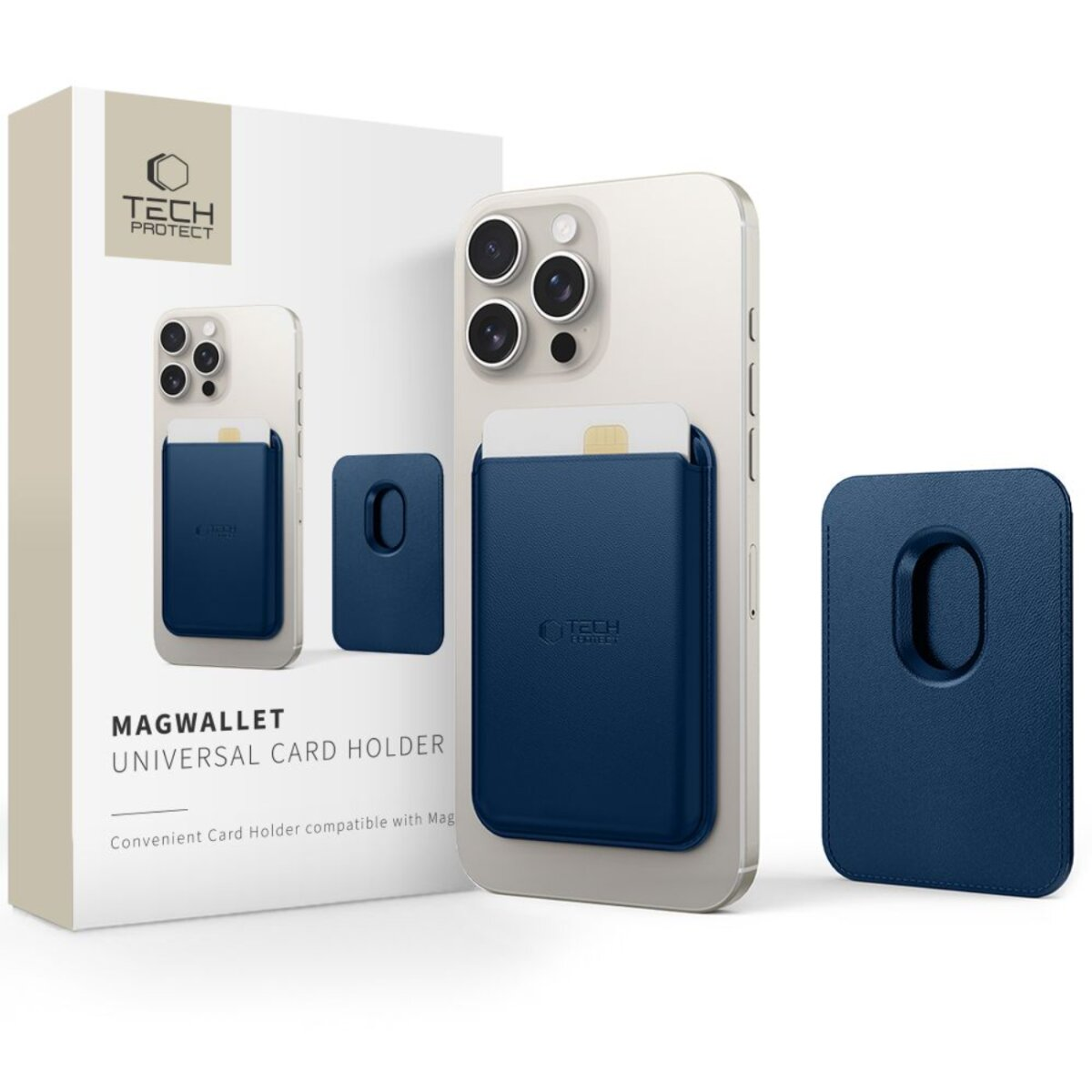 Dunkelblaue MagSafe-Kartenhalter-Hülle auf einem Smartphone, Verpackung und Einzelteil.