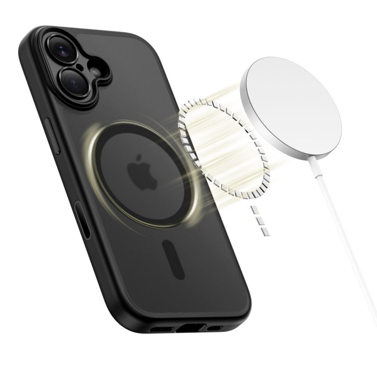 Schwarzes iPhone mit magnetischer Ladehülle und weißem Ladegerät.