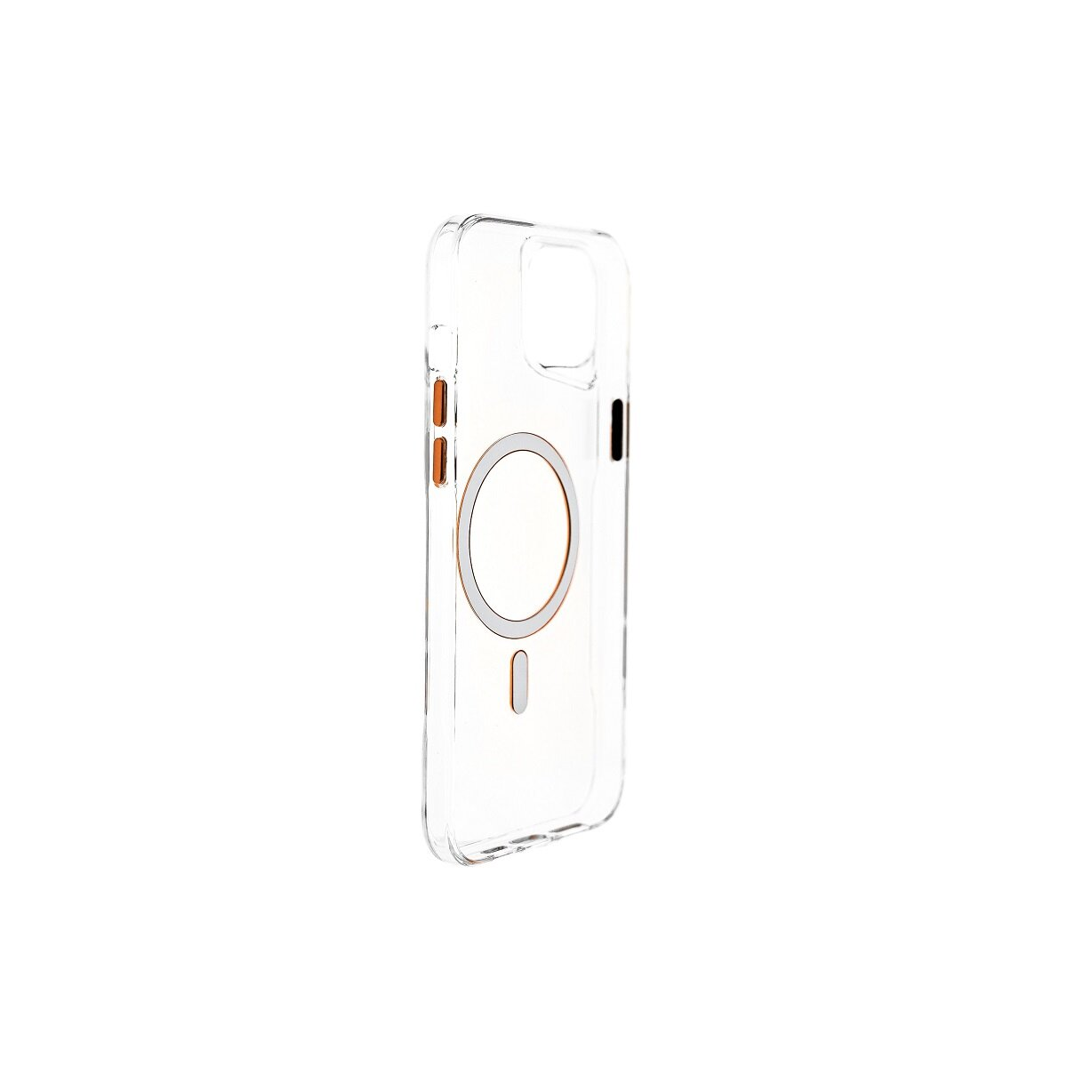 Transparente Handyhülle mit MagSafe-Ring und orangefarbenen Knöpfen.