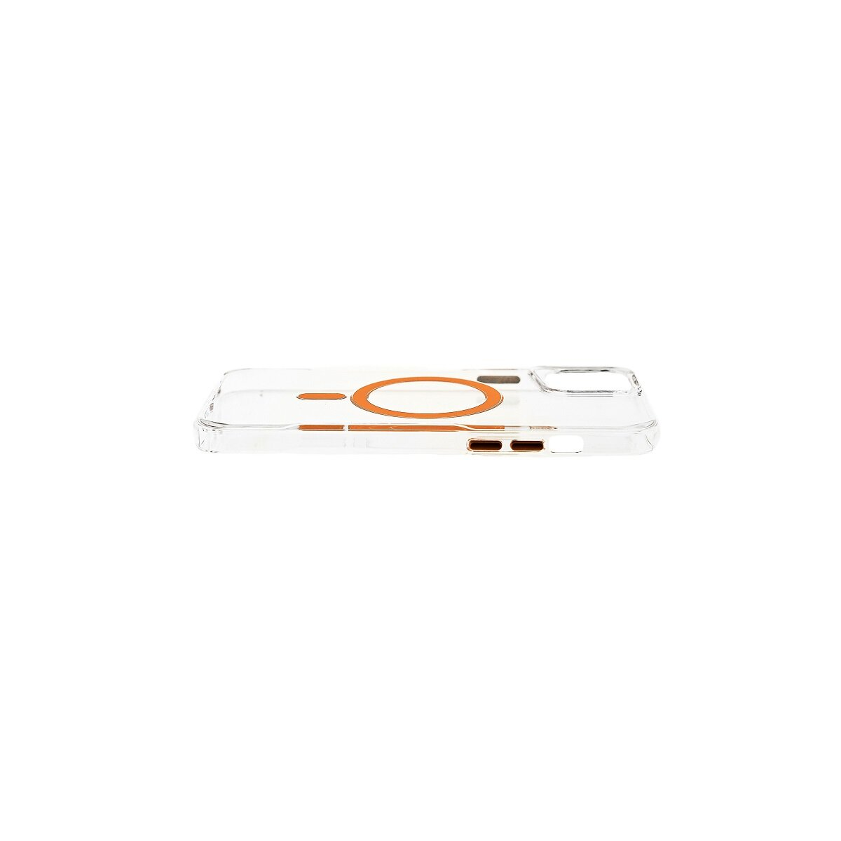 Transparente Handyhülle mit orangefarbenem Kreis-Design und Aussparungen.