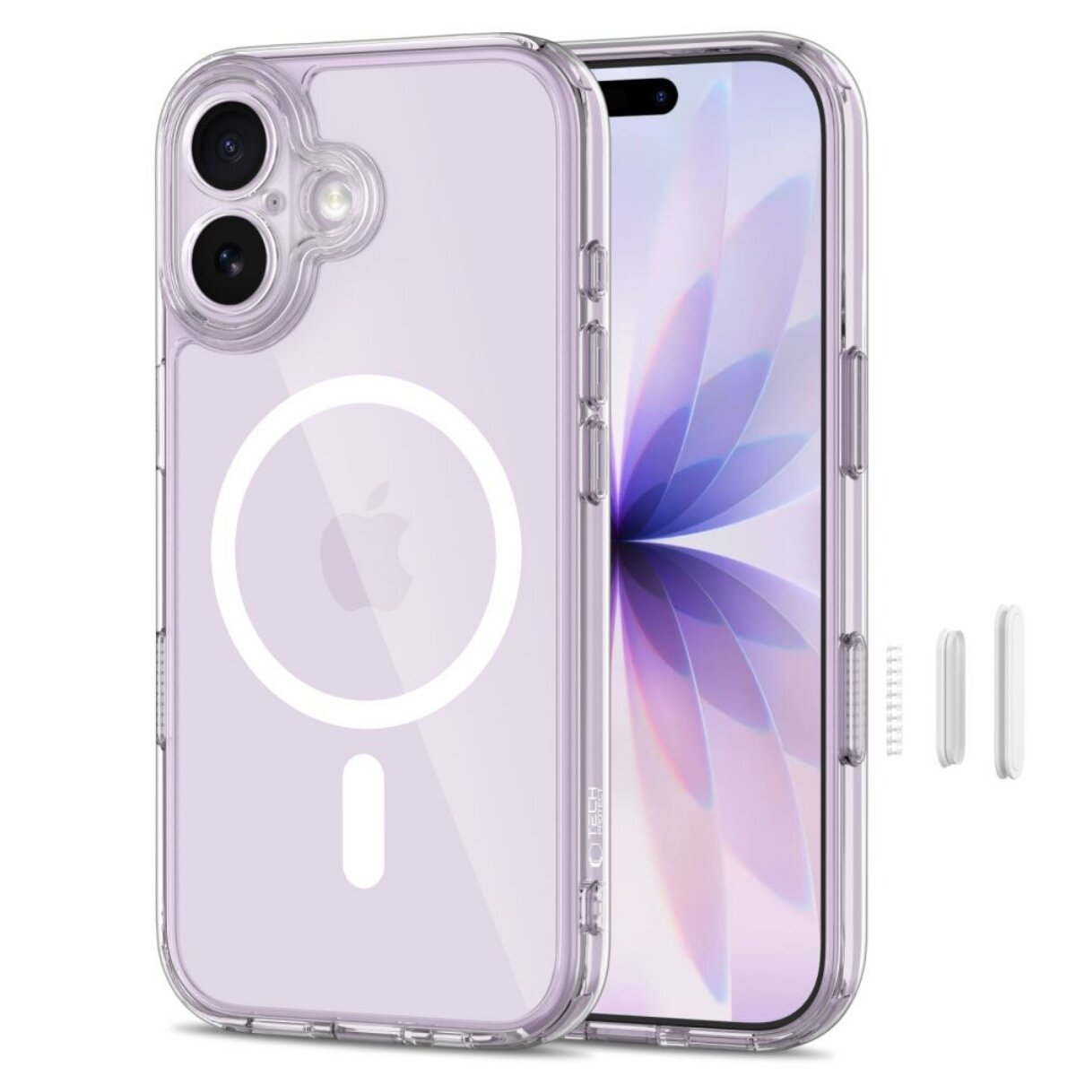 Transparente Hülle mit MagSafe-Ring für iPhone, weißer Hintergrund.