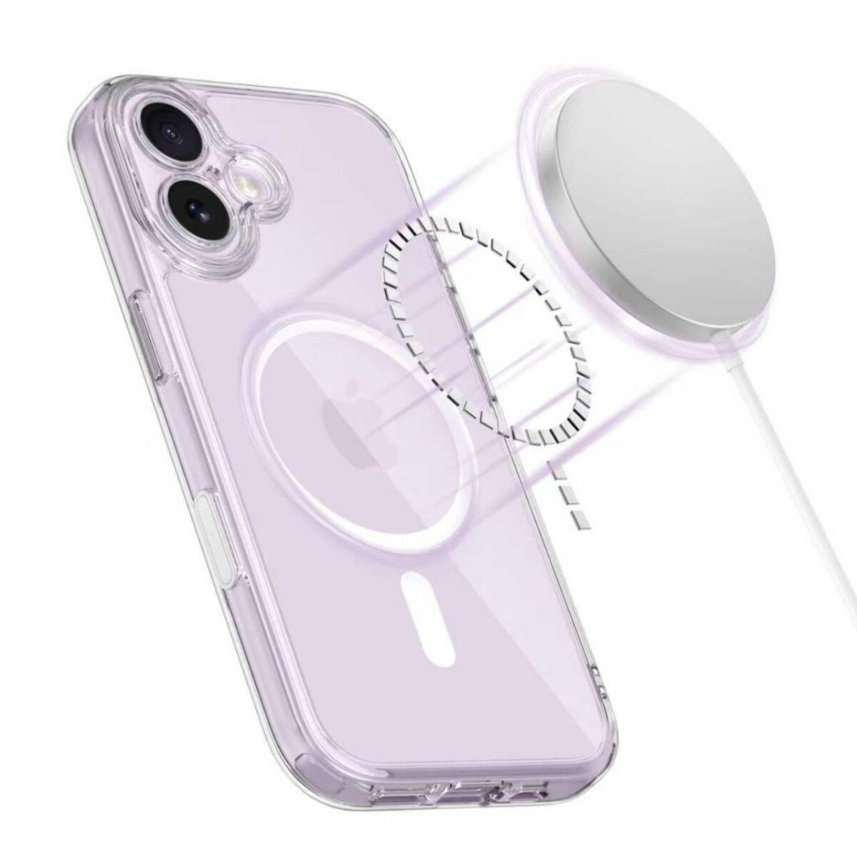 Ein durchsichtiges iPhone-Gehäuse mit einem magnetischen Ladegerät, das sich nähert.