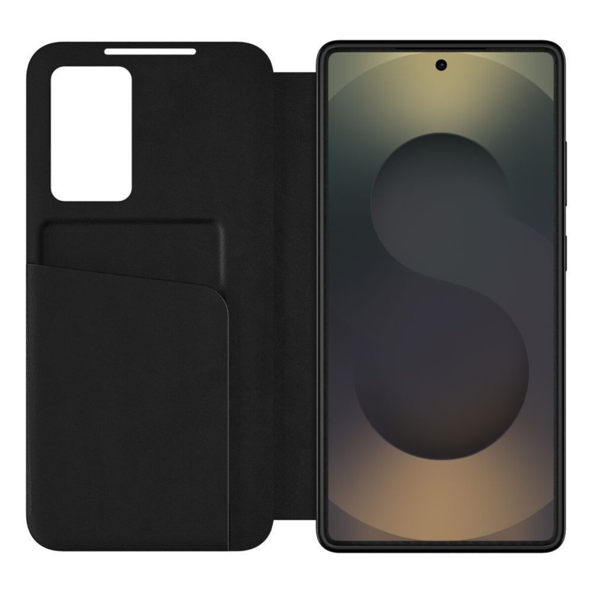 Schwarzes Flip-Case mit einem Handy. Ein Fach ist sichtbar.