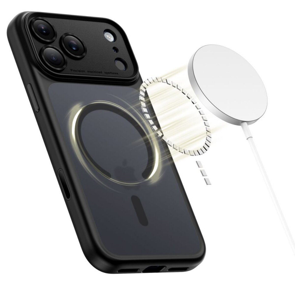 Ein schwarzes iPhone mit MagSafe-Ladegerät vor weißem Hintergrund.