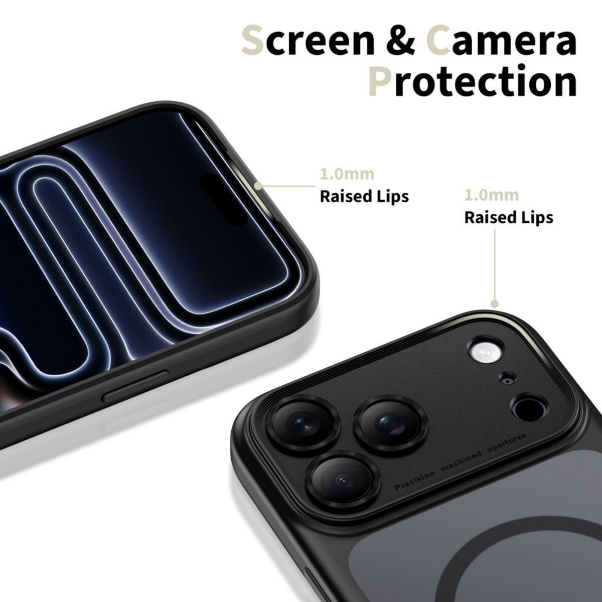 Schwarzes iPhone mit erhöhten Rändern zum Schutz von Bildschirm und Kamera.