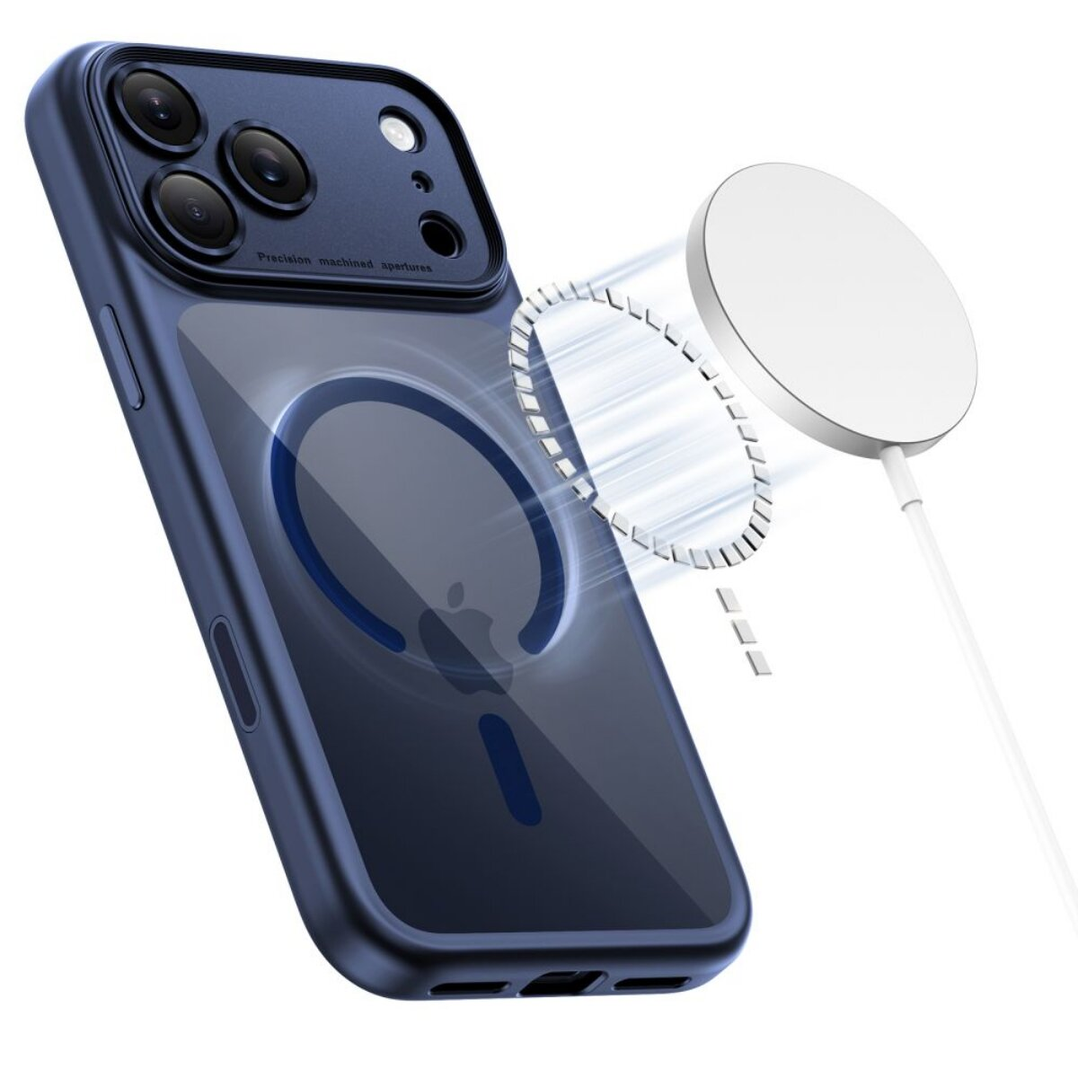 Dunkelblaue Hülle mit MagSafe-Ladegerät und Magnetring auf weißem Hintergrund.