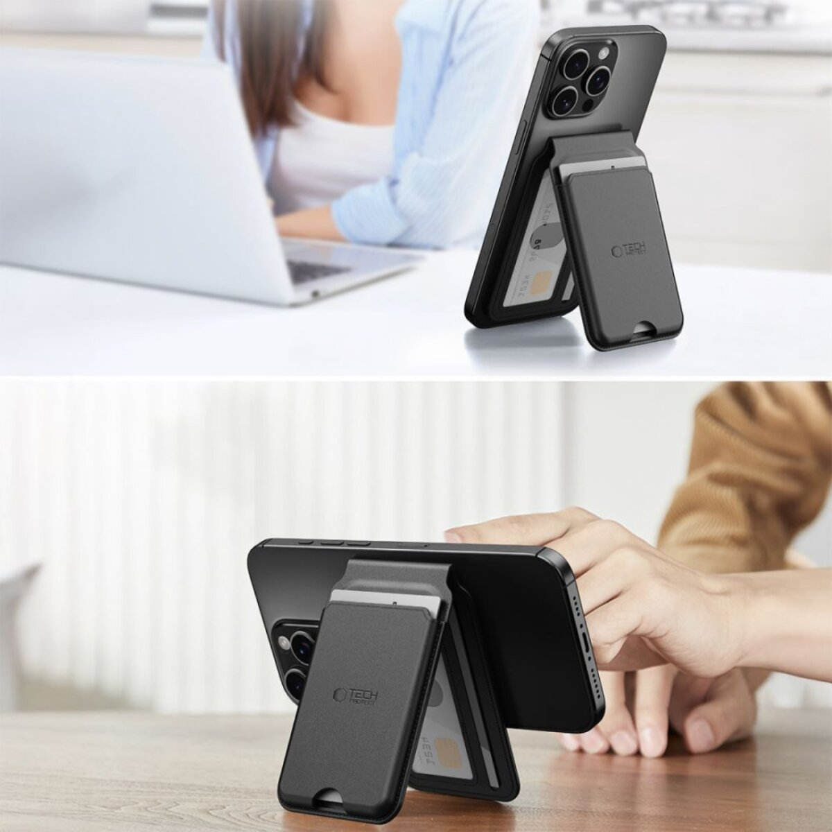 Ein schwarzes iPhone mit einer Kartenhalter-Hülle, die als Ständer dient.