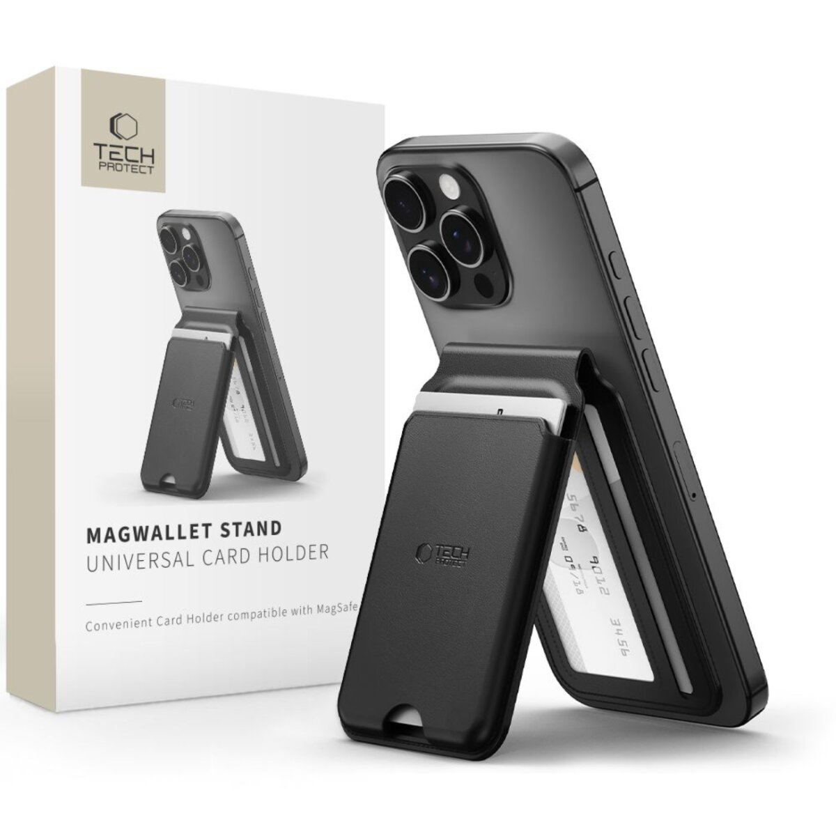 Schwarzes MagSafe-kompatibles Kartenetui und Ständer für ein Smartphone.