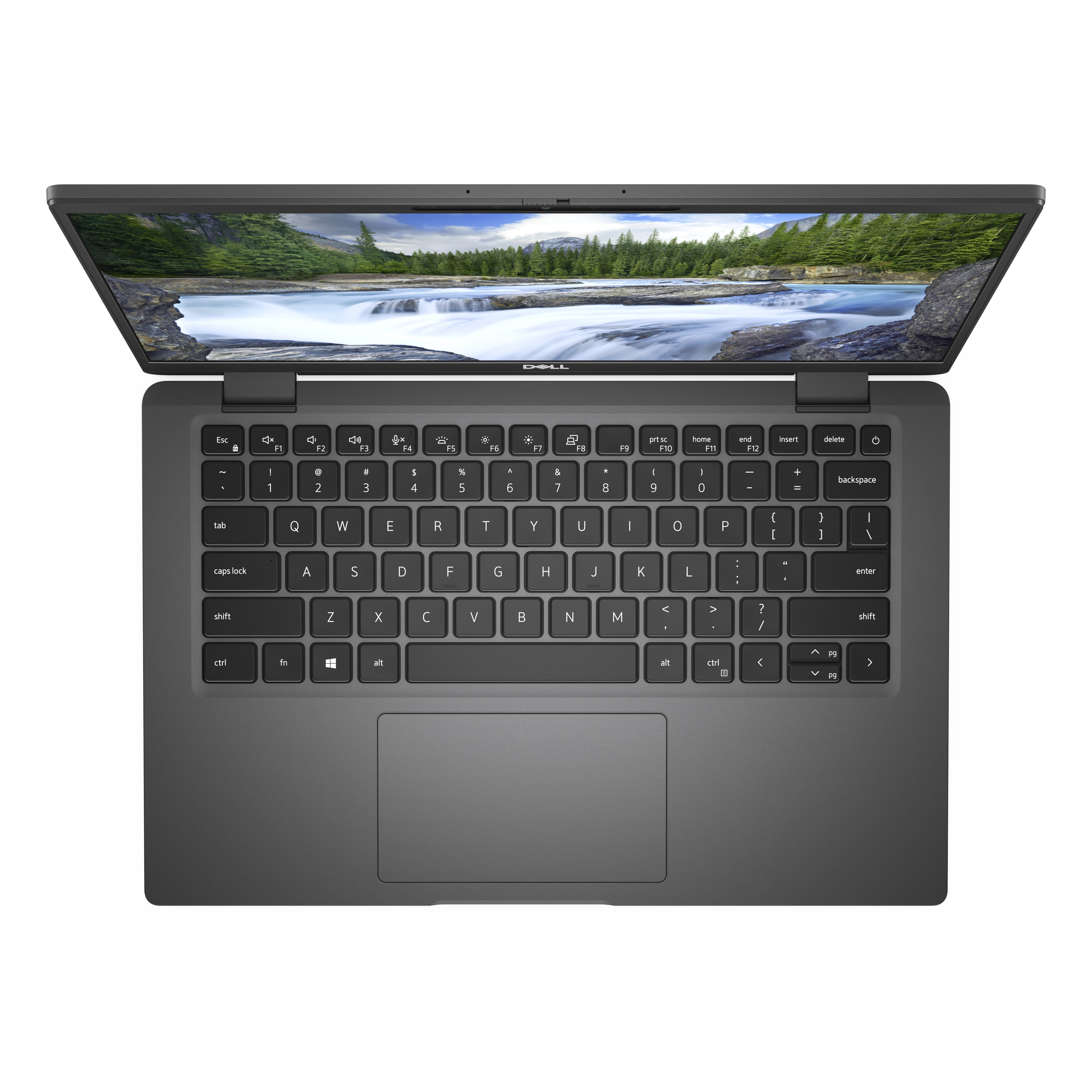 Ein offener Laptop mit einem Landschaftsbild auf dem Bildschirm.
