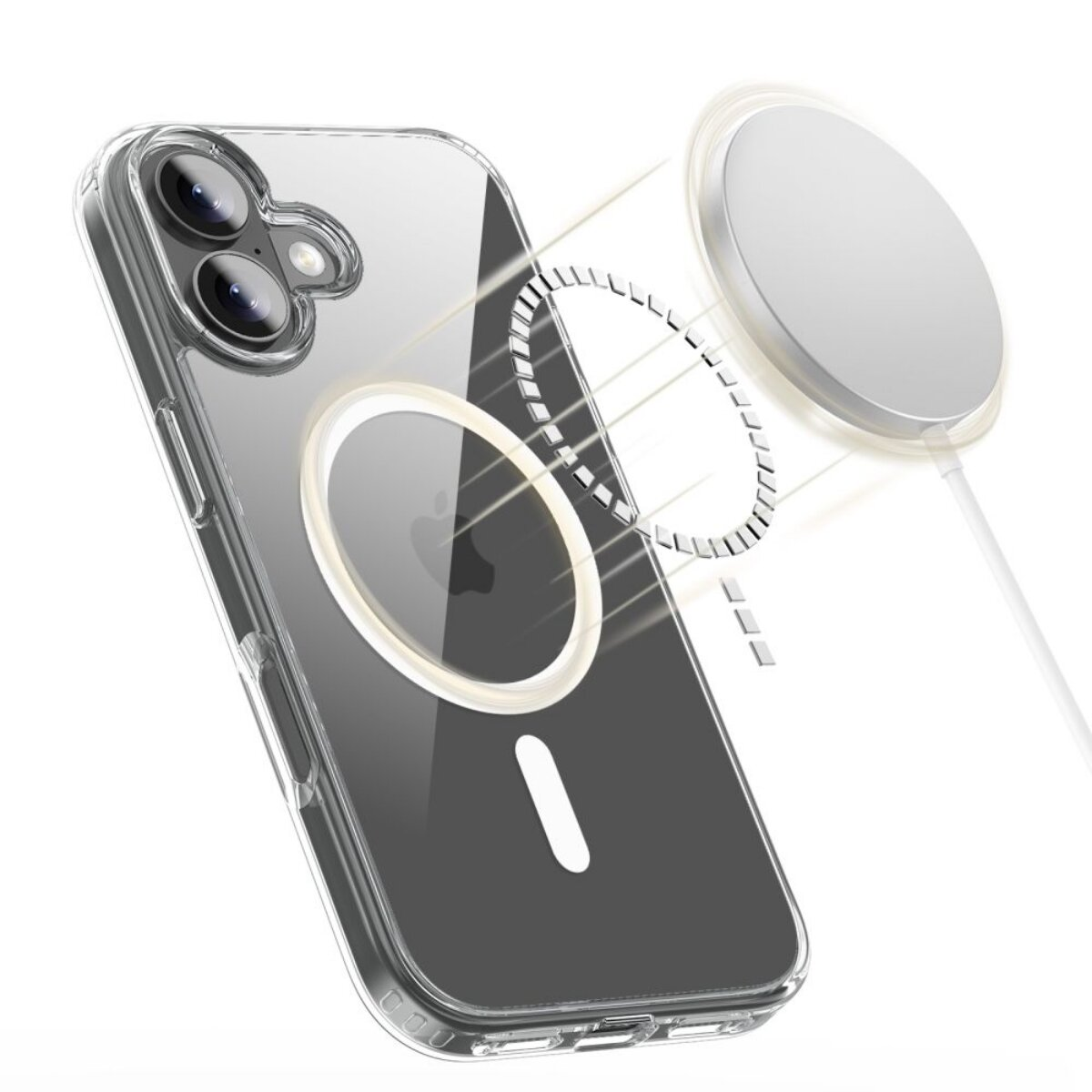 Custodia trasparente per telefono con caricatore MagSafe e anello magnetico.