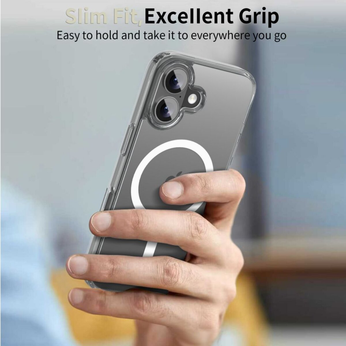 Mano che tiene una custodia trasparente per telefono con anello magnetico.