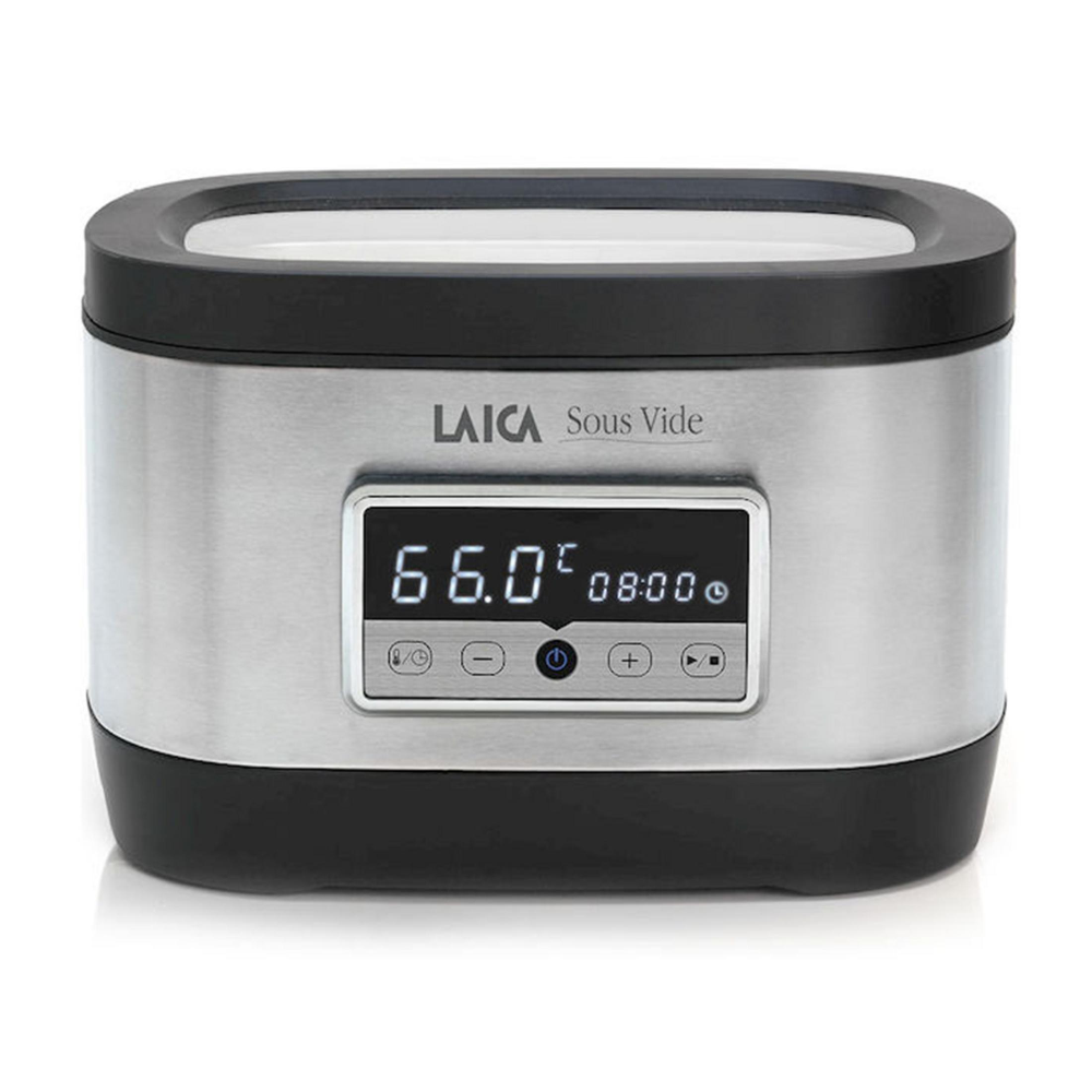 Cottura sous vide Laica in acciaio inox con display digitale: 66,0°C e 08:00.
