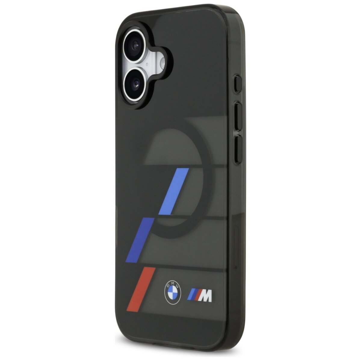 Schwarze Handyhülle mit BMW M-Logo und Streifen.