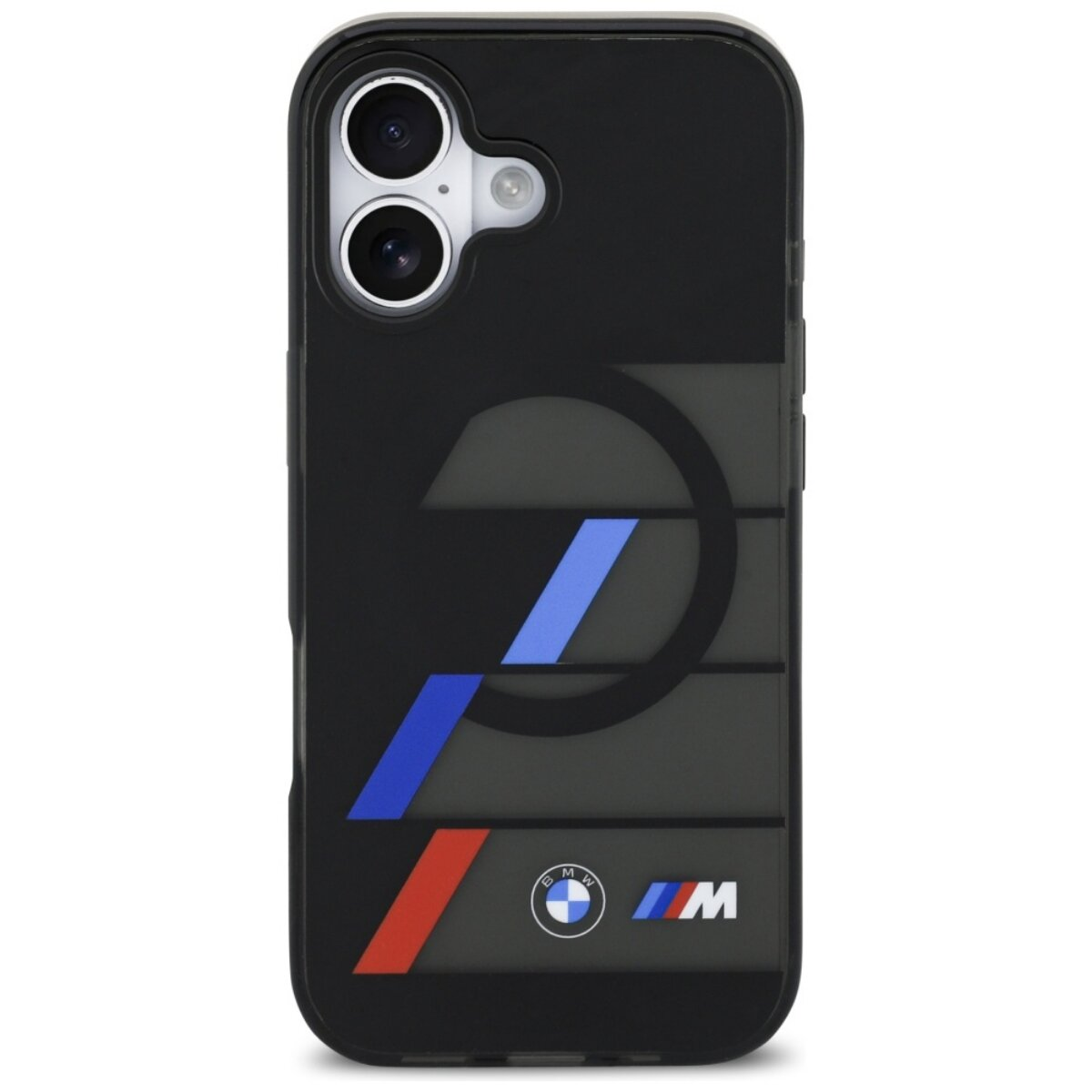 Schwarze Handyhülle mit BMW M-Logo und Streifen.