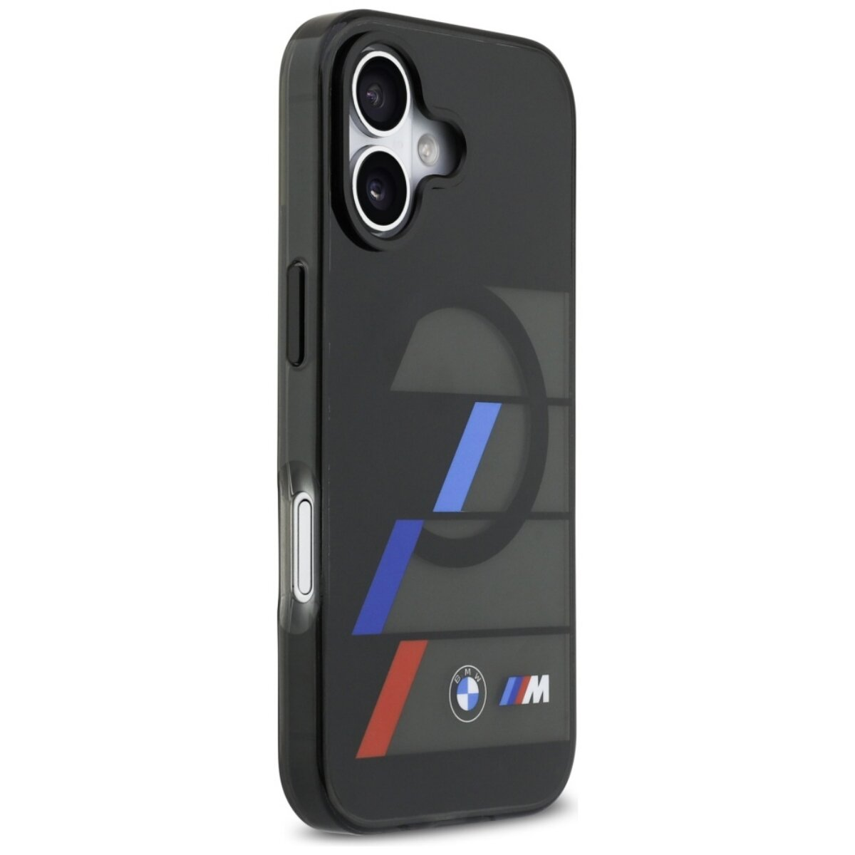 Schwarze Hülle mit BMW M-Logo, Streifen und Kameraausschnitt.