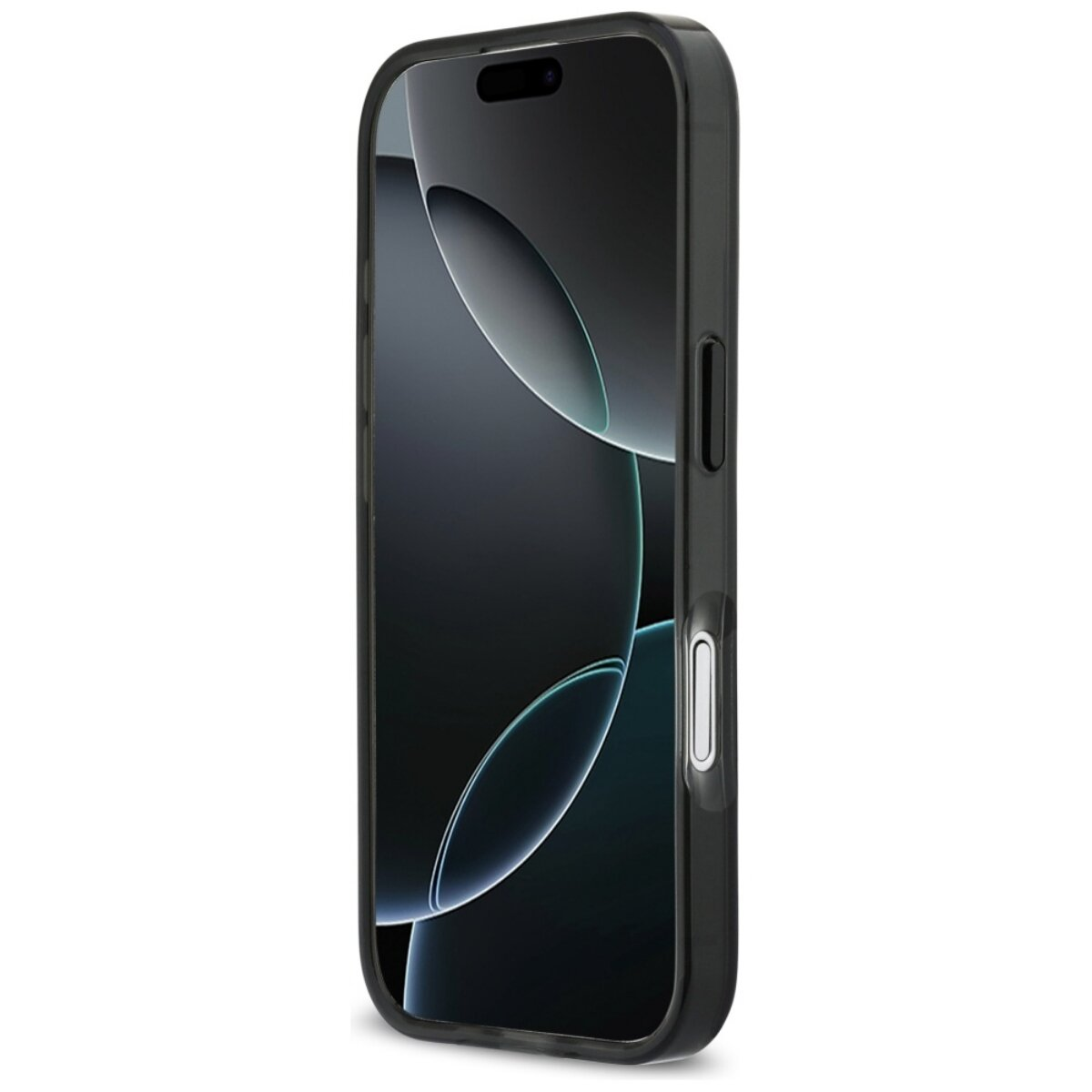 Schwarzes iPhone-Gehäuse mit seitlichen Tasten, auf weißem Hintergrund.