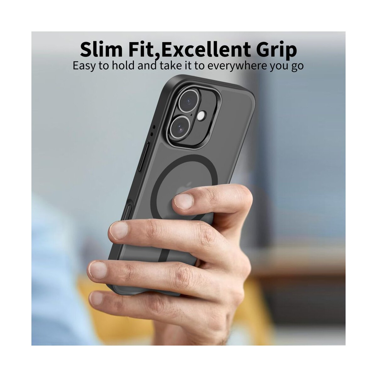 Eine Hand hält ein schwarzes Handy mit einer Hülle. Schlankes Design.