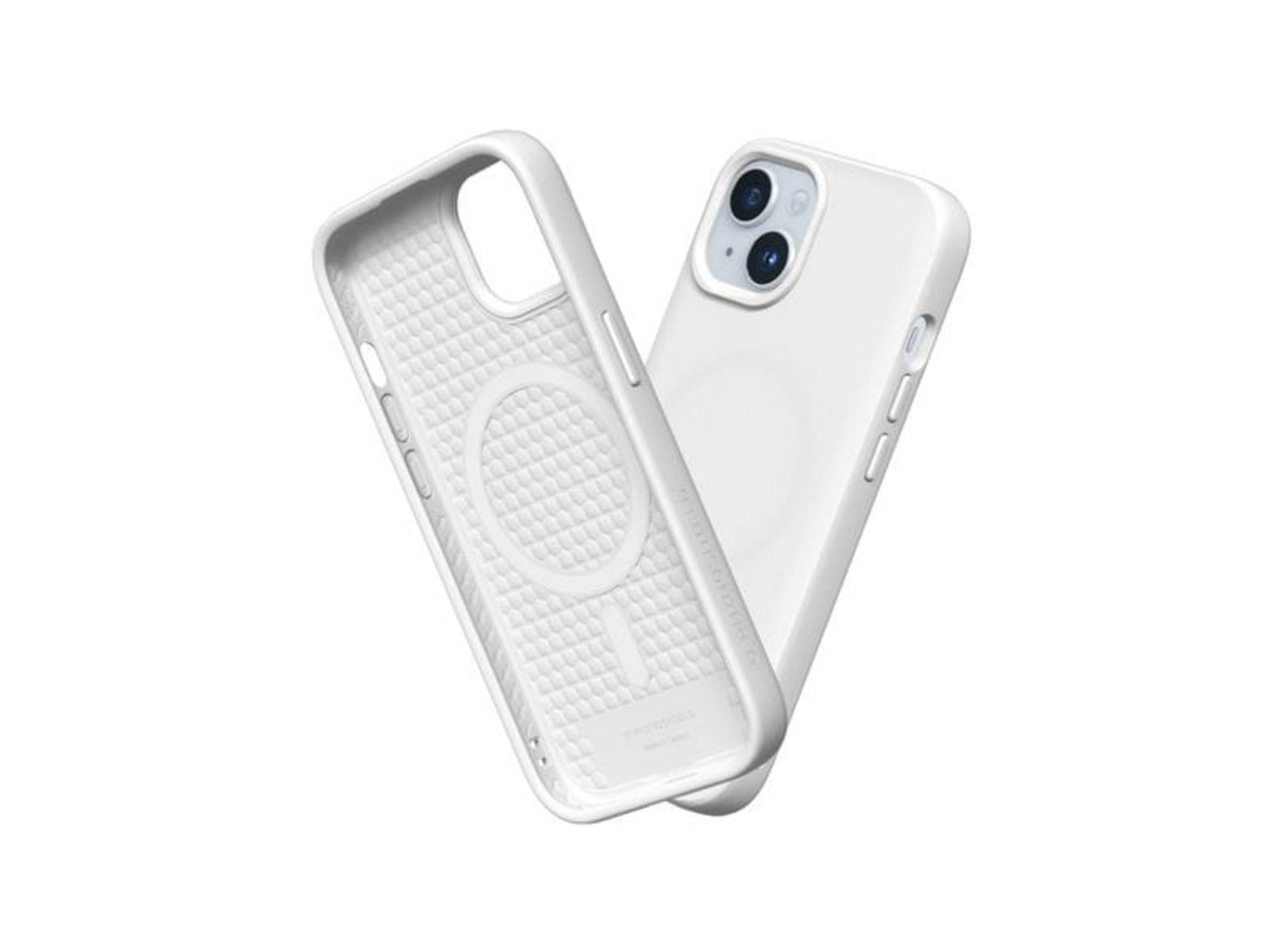 Una custodia bianca per iPhone con il suo telefono appoggiato sul retro. Interno a fantasia.