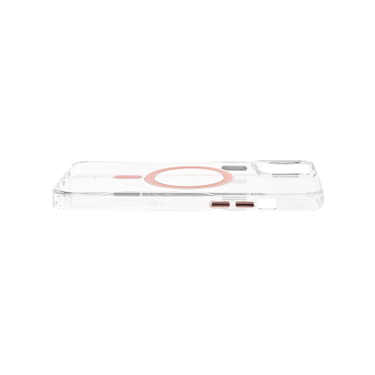 Transparente Handyhülle mit rosafarbenem Magnetring und Kameraaussparung.
