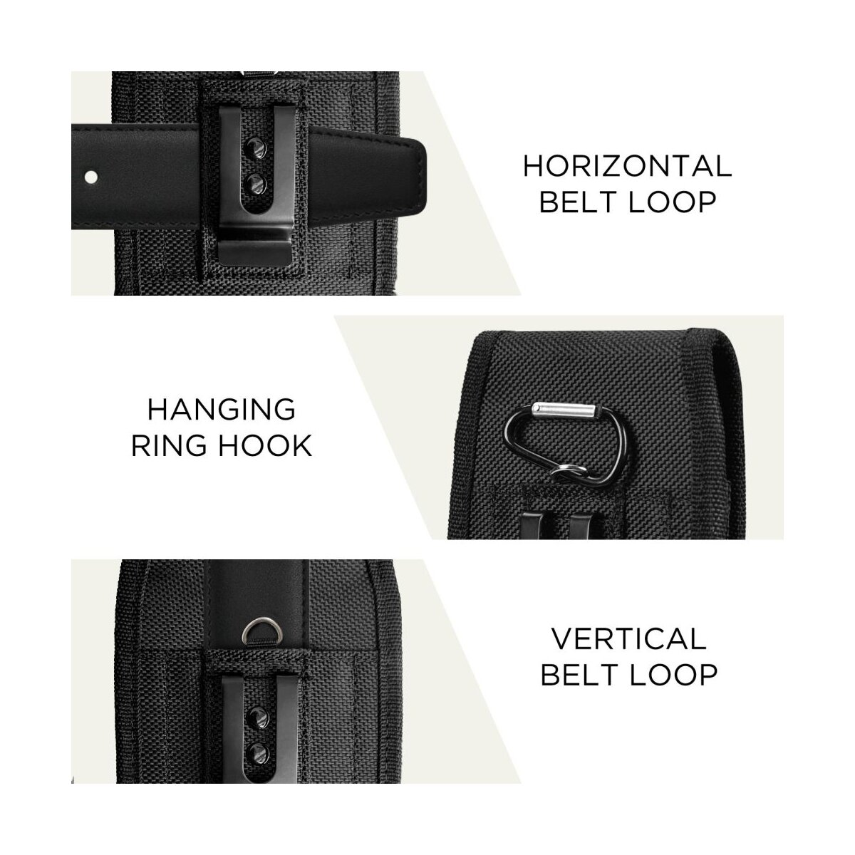 Schwarz Stoff Tasche mit Gürtelschlaufe, Ringhaken und Clip.