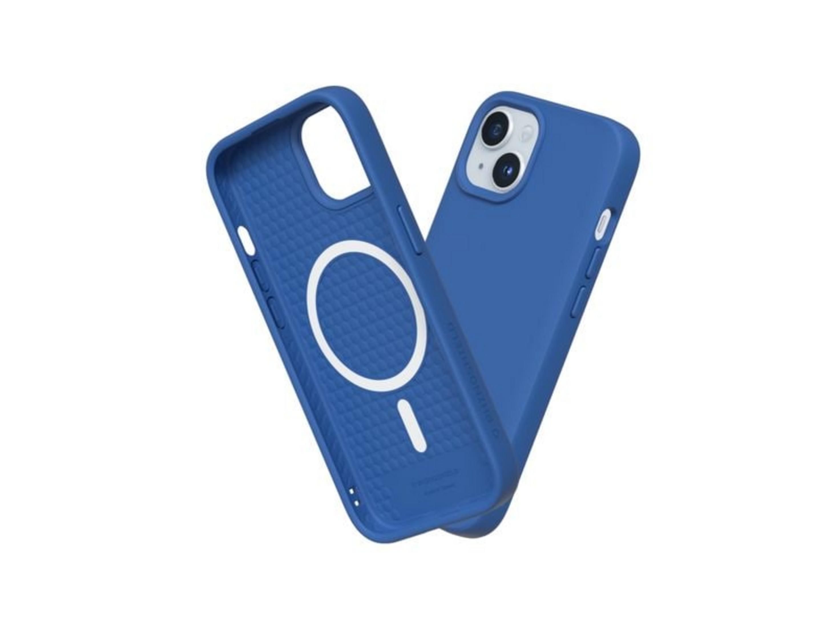 Due custodie per telefono blu, una aperta, che mostra un anello magnetico.