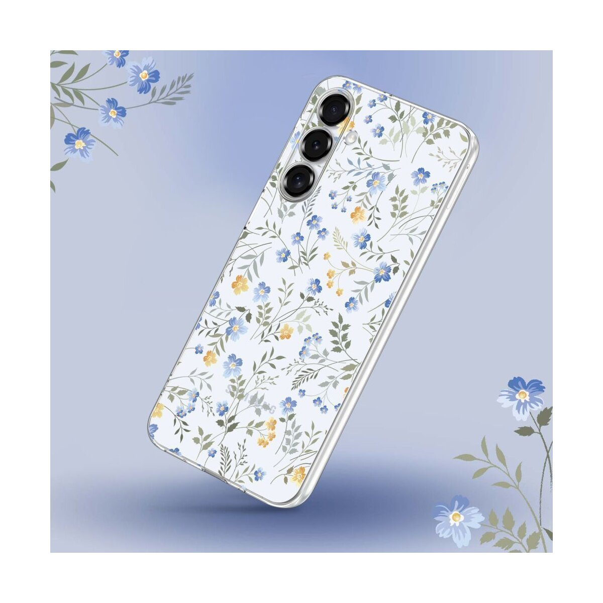Ein Handy mit einem weißen Hintergrund und einem Blumenmuster in Blau und Gelb.