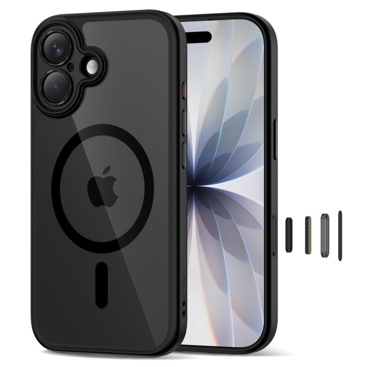 Schwarzes iPhone-Hülle mit MagSafe-Ring, daneben ein iPhone und Kleinteile.