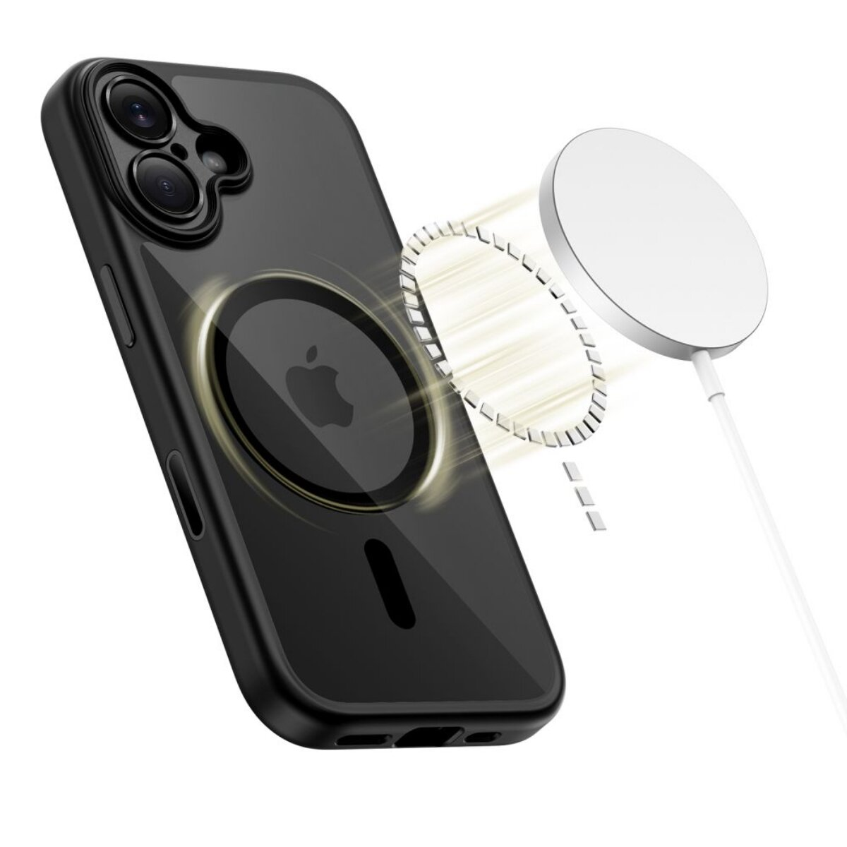 Schwarzes iPhone-Case mit magnetischem Ladegerät. Das Lade-Symbol leuchtet.