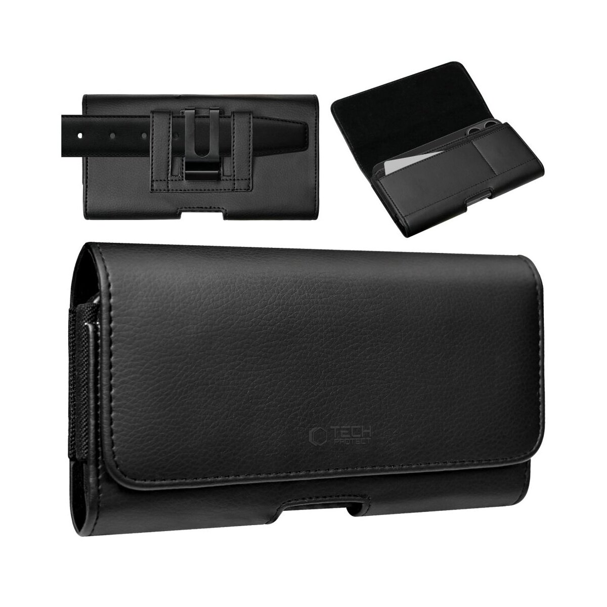 Schwarze Handy-Tasche mit Gürtelclip und offenem Deckel, Nahaufnahme.