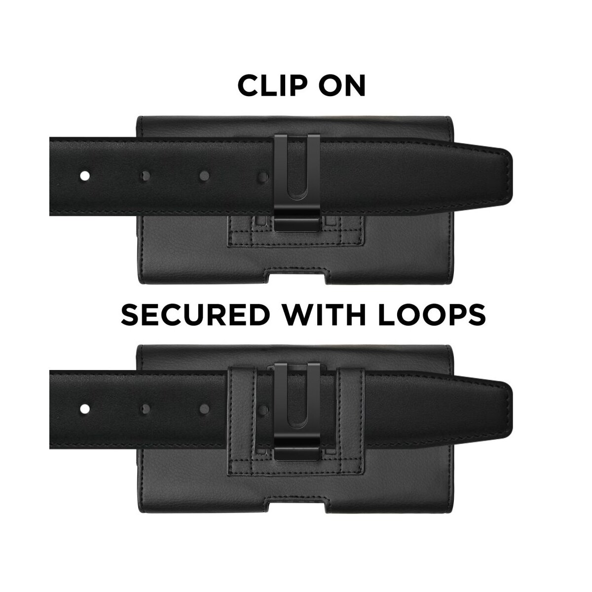 Schwarzer Gürtelclip und Schlaufen für eine Hülle.