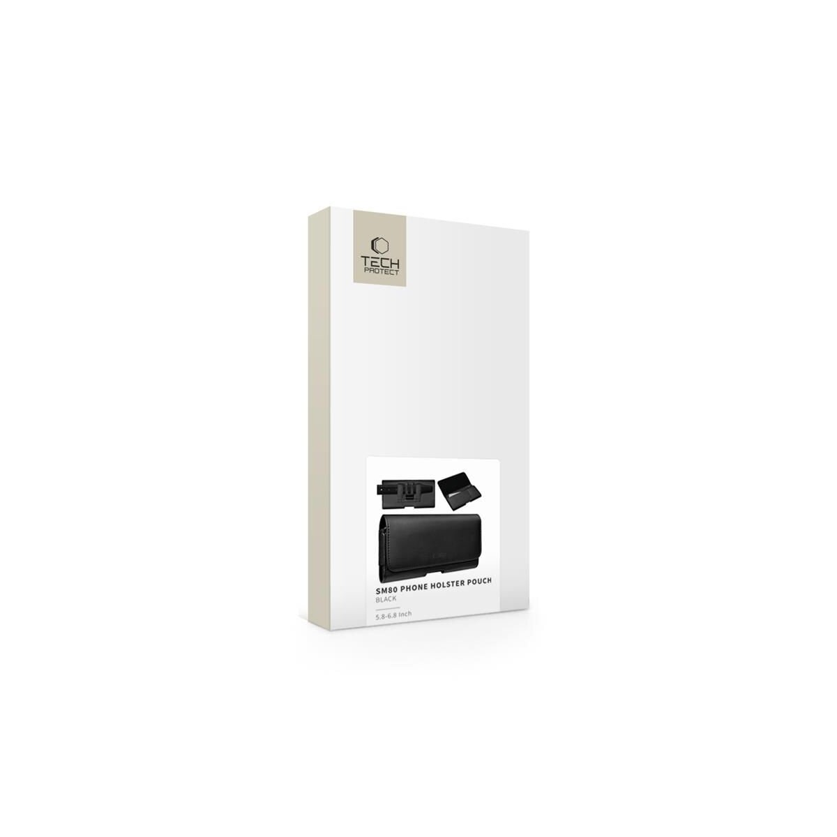 Weiße Verpackungsbox für eine schwarze Handyholstertasche, mit Produktdetails.